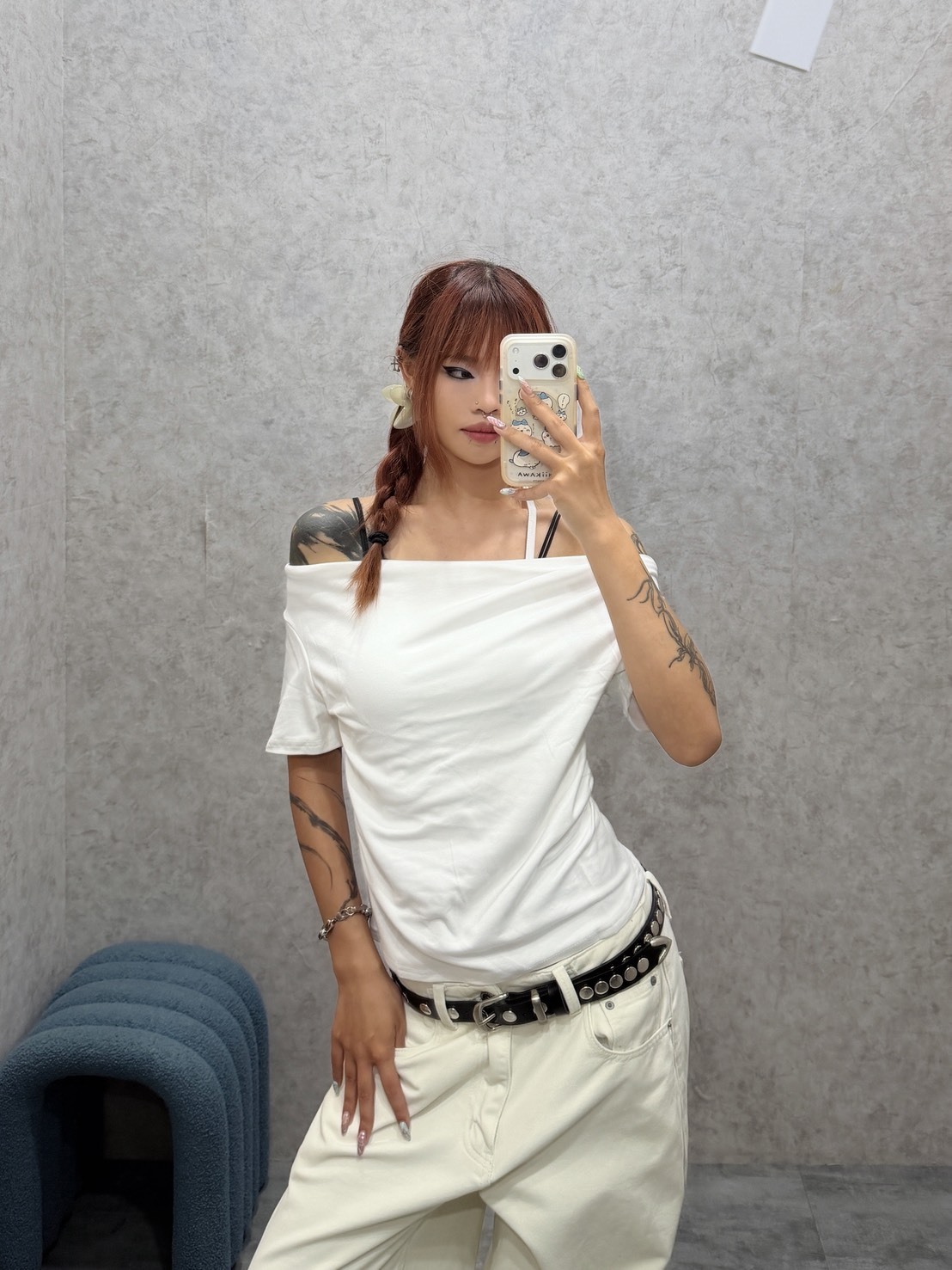 KOREAN LAYERED HALTER-STRAP COWL-NECK RUCHED T-SHIRT