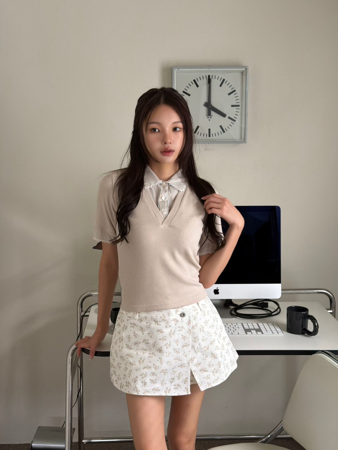 條紋襯衫領假兩件上衣