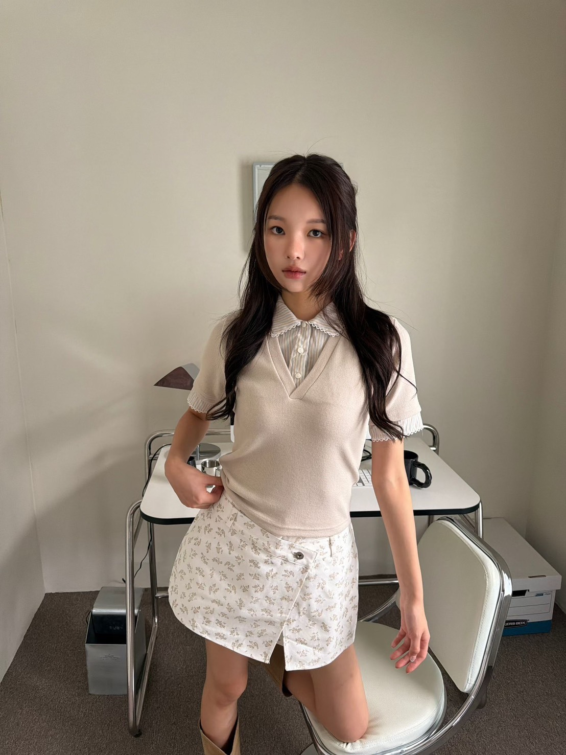 條紋襯衫領假兩件上衣