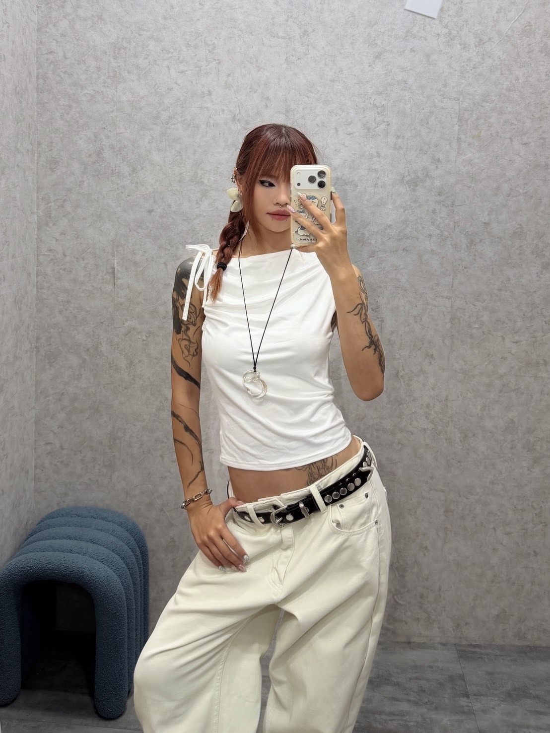 ASYMMETRIC RUFFLED ONE-SHOULDER TIE-UP TANK TOP