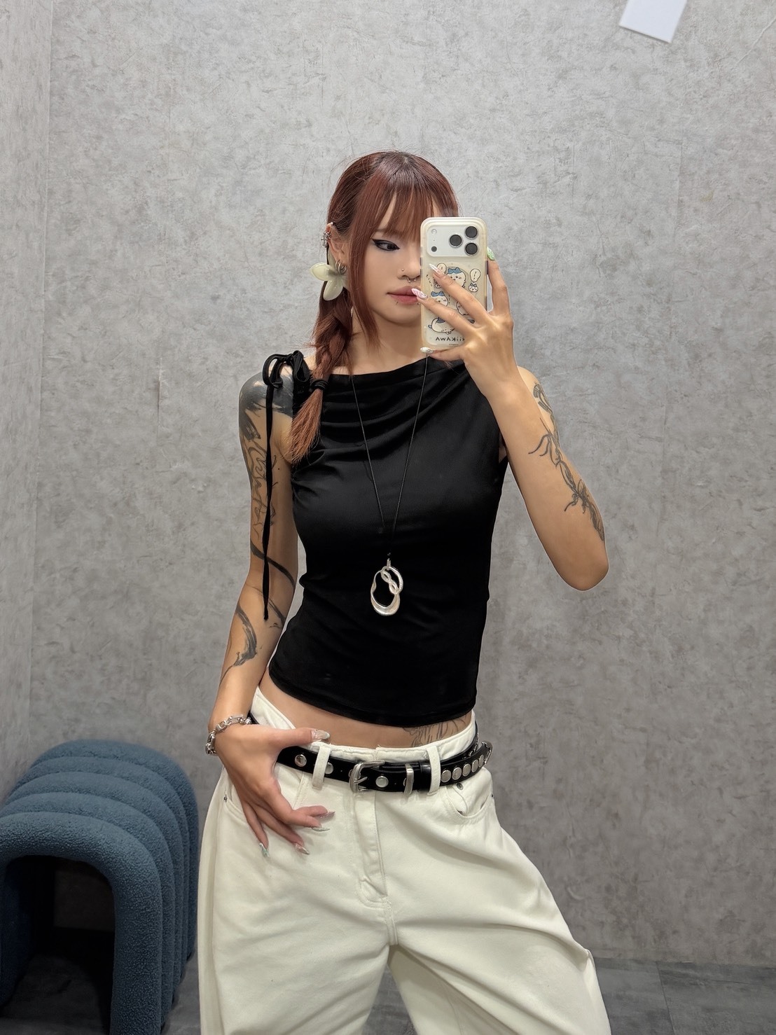 ASYMMETRIC RUFFLED ONE-SHOULDER TIE-UP TANK TOP