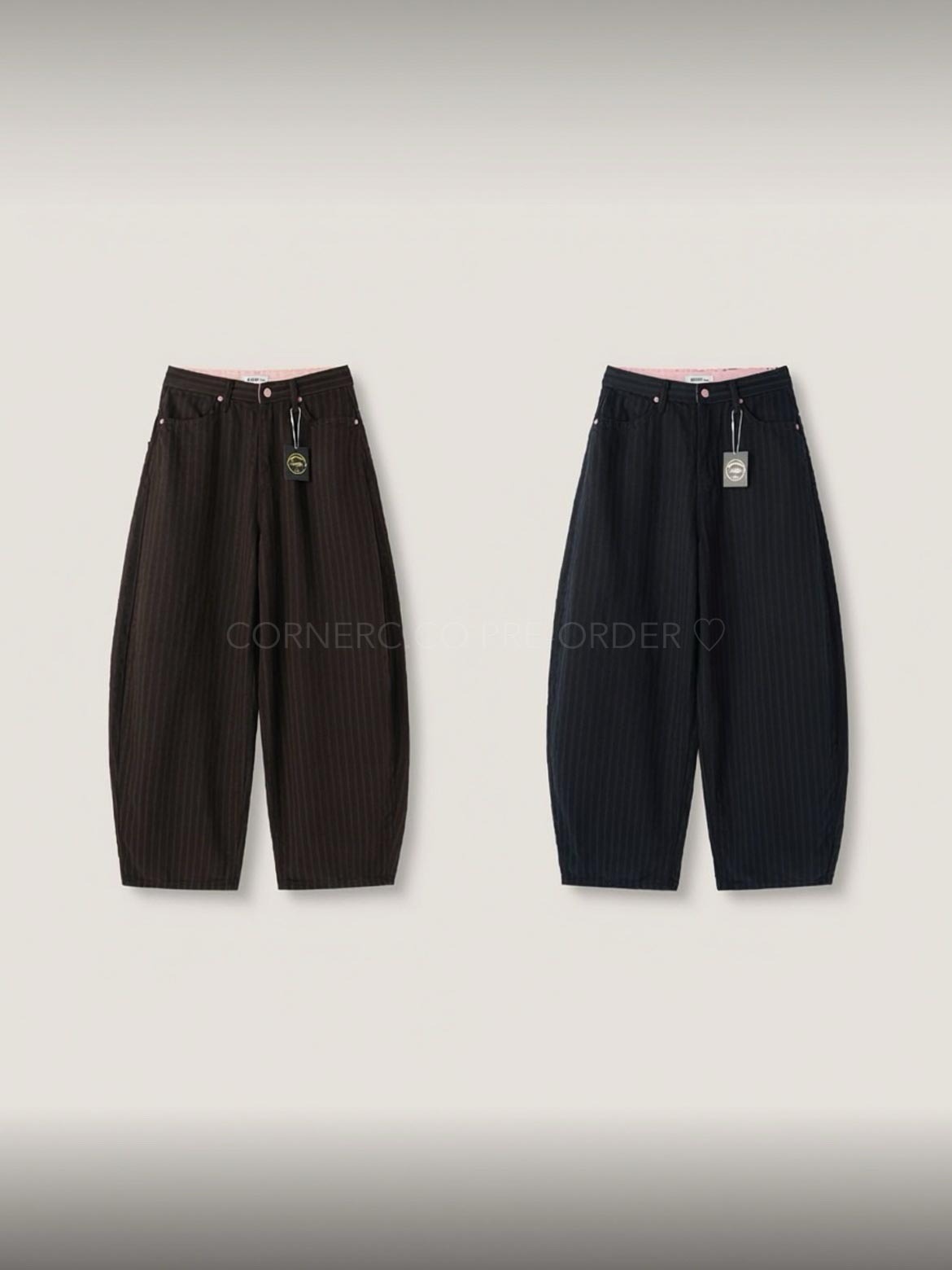 【網站限定優惠】粉紅拼色Belt直紋彎刀褲