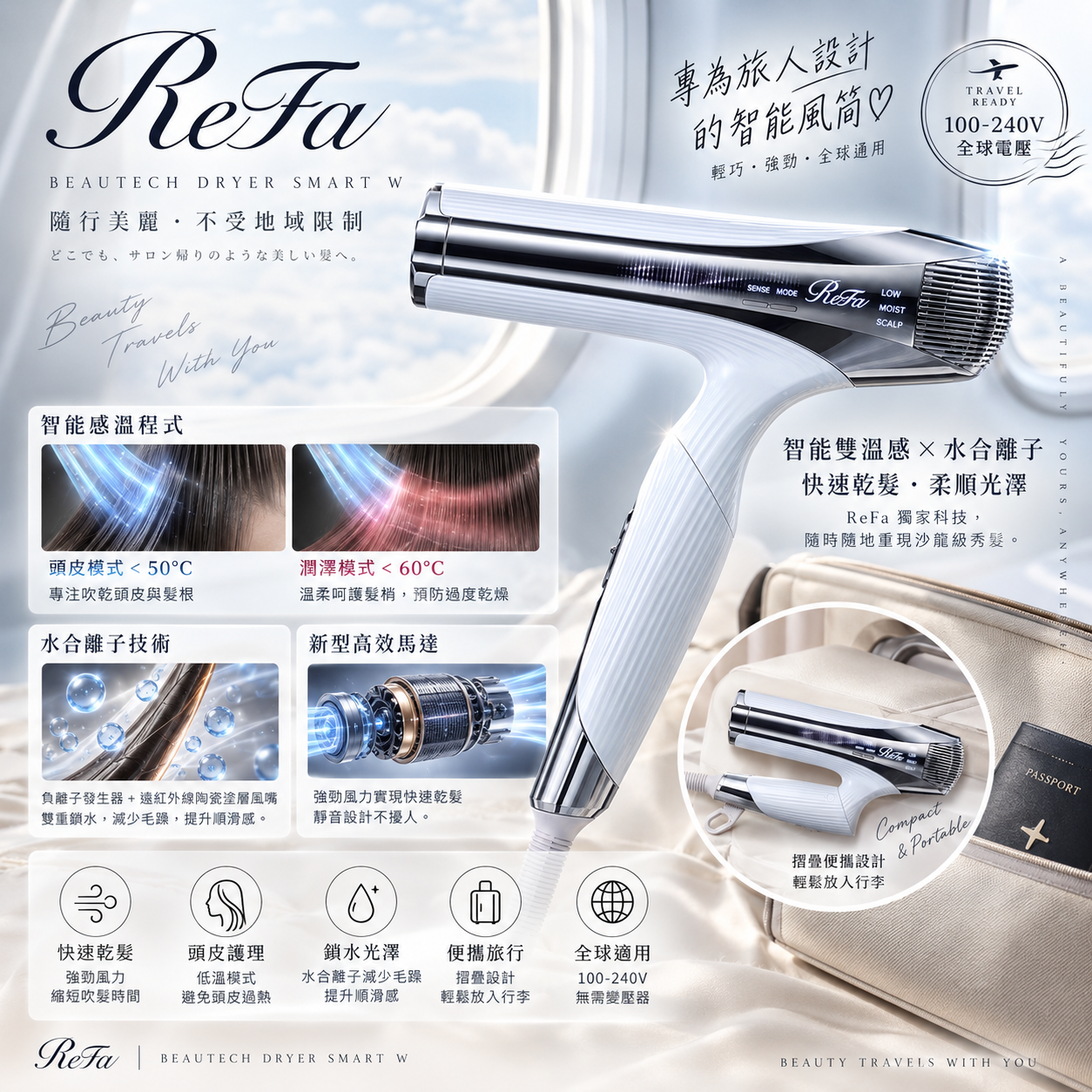 【預訂】Refa JA072319 Beautech Dryer Smart W 智能風筒 (國際通用便攜款) (回贈$50折扣券X2)