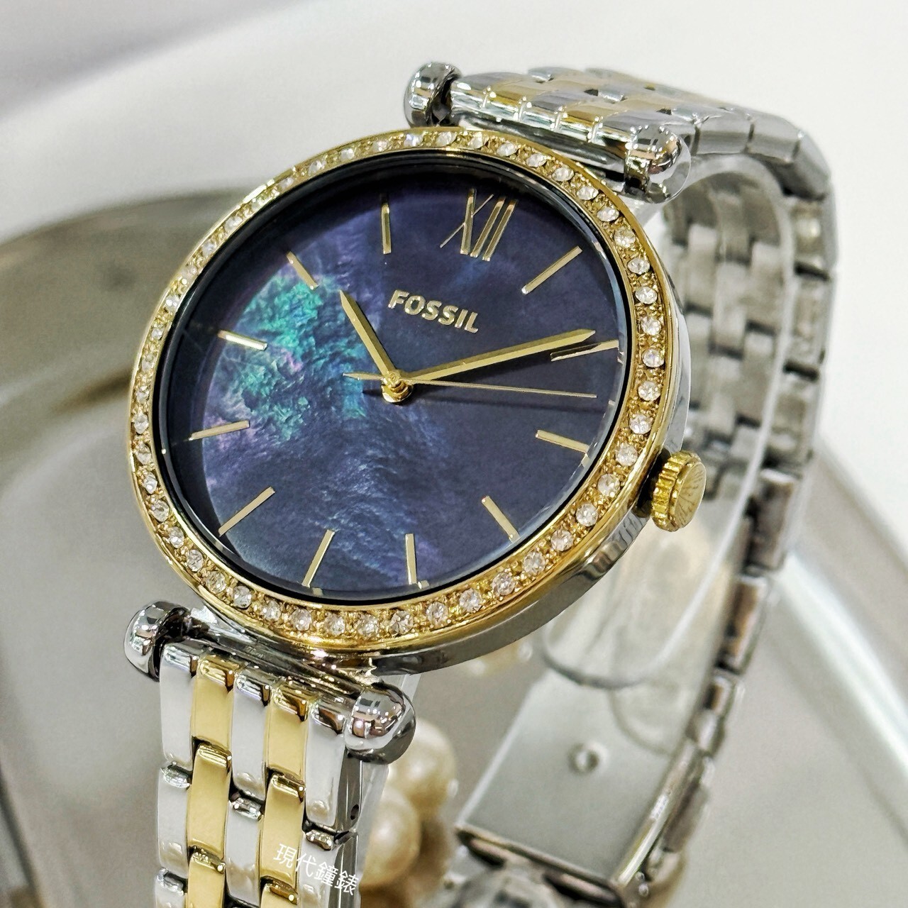 【FOSSIL】Tillie 鑲鑽藍面珍珠母貝半金腕錶BQW8066 36mm 現代鐘錶