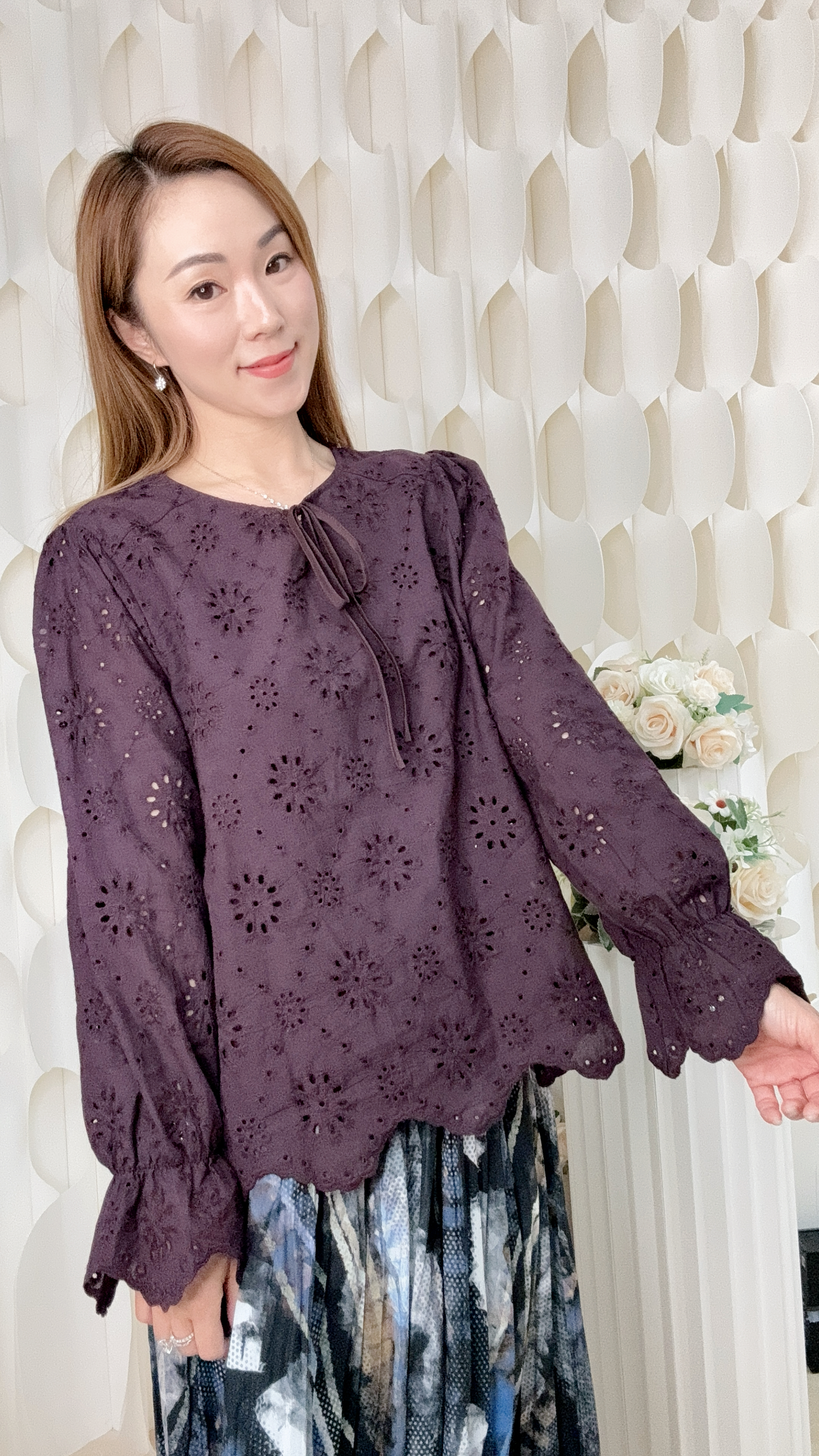 綁帶鏤空刺繡梭織上衣 (胸44 腰44 長23吋) 37359 #0409clo