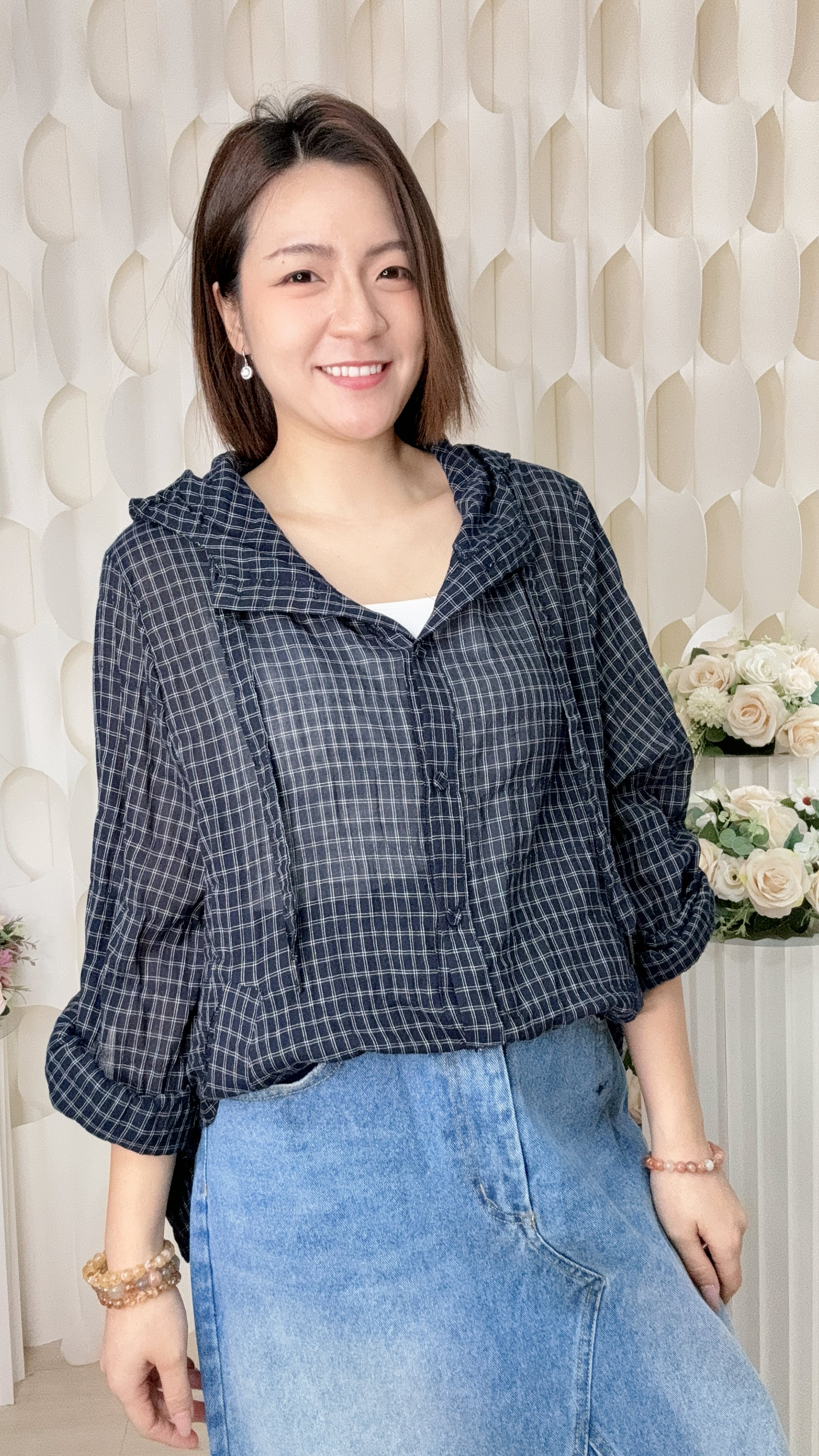 格仔棉麻連帽上衣 (胸48 腰50 長26吋) 69109 #0409clo