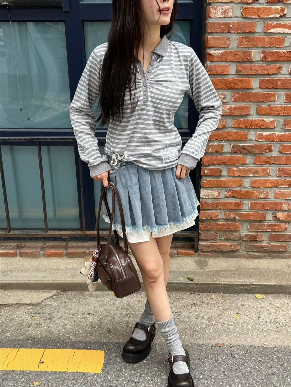 牛仔百褶側拉鍊短裙