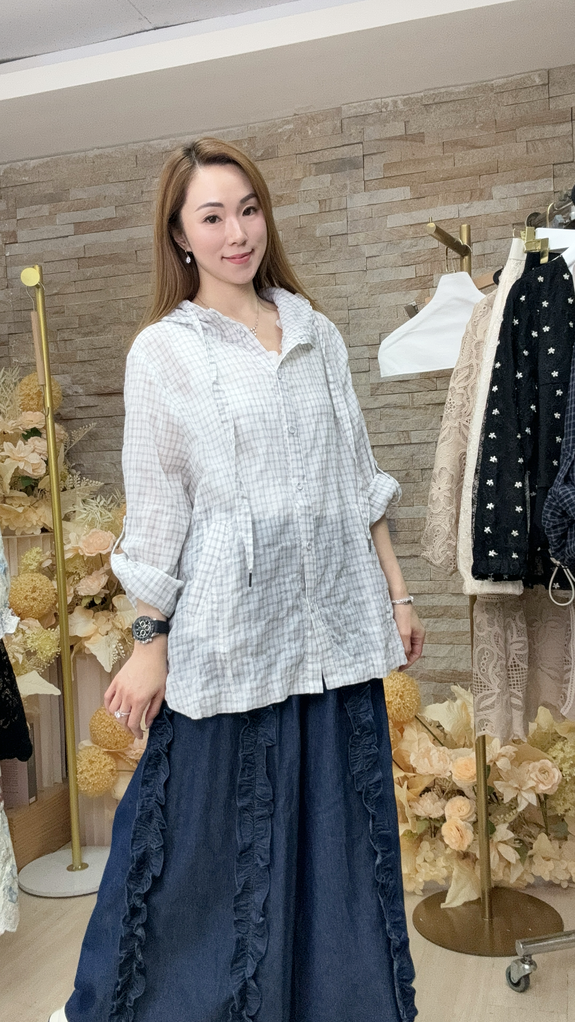 格仔棉麻連帽上衣 (胸48 腰50 長26吋) 69109 #0409clo
