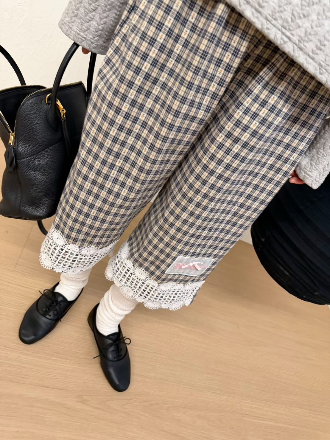 格子蕾絲七分休閒褲
