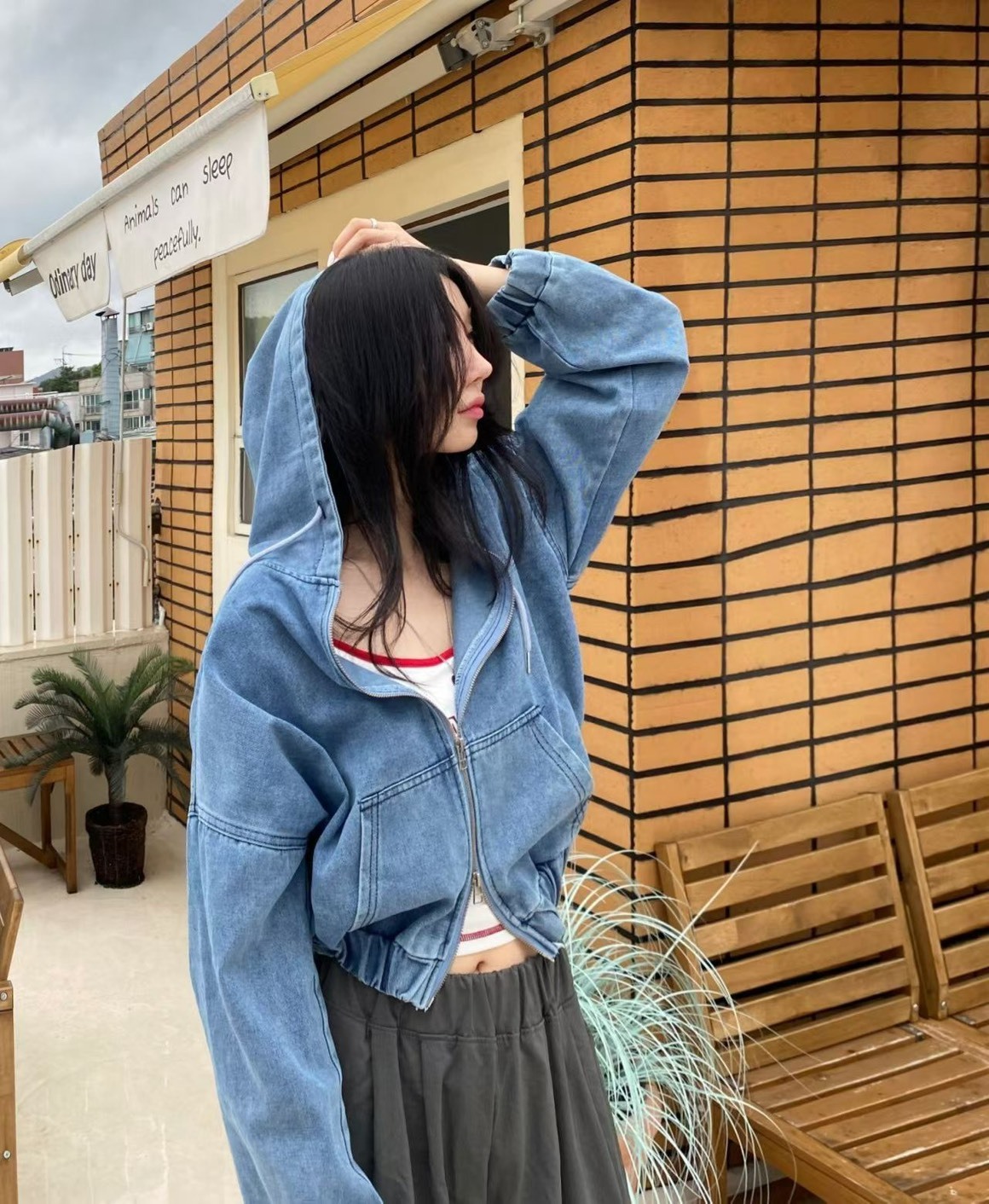 連帽口袋牛仔拉鍊外套