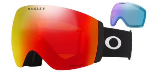 OAKLEY Flight Deck™ Pro L滑雪風鏡霧黑框商品圖，主鏡片為Prizm Snow Torch Iridium橙紅色，另附可自選搭配的備用鏡片，展示Switchlock快拆系統設計