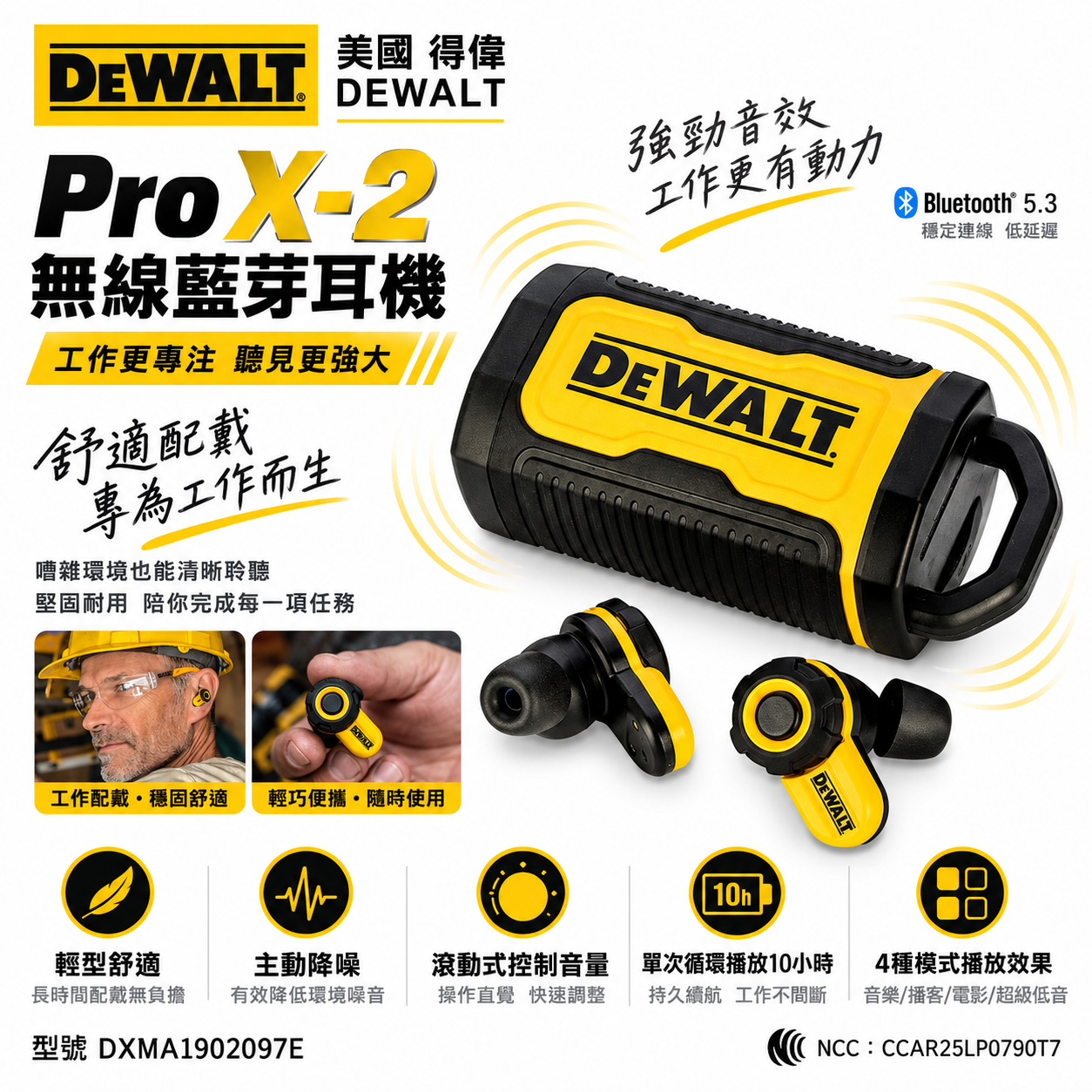 美國 DEWALT 得偉｜Pro X-2 無線藍牙耳機 工地專用｜藍牙5.3｜主動降噪｜IP54｜Type-C｜公司貨 DXMA1902097E