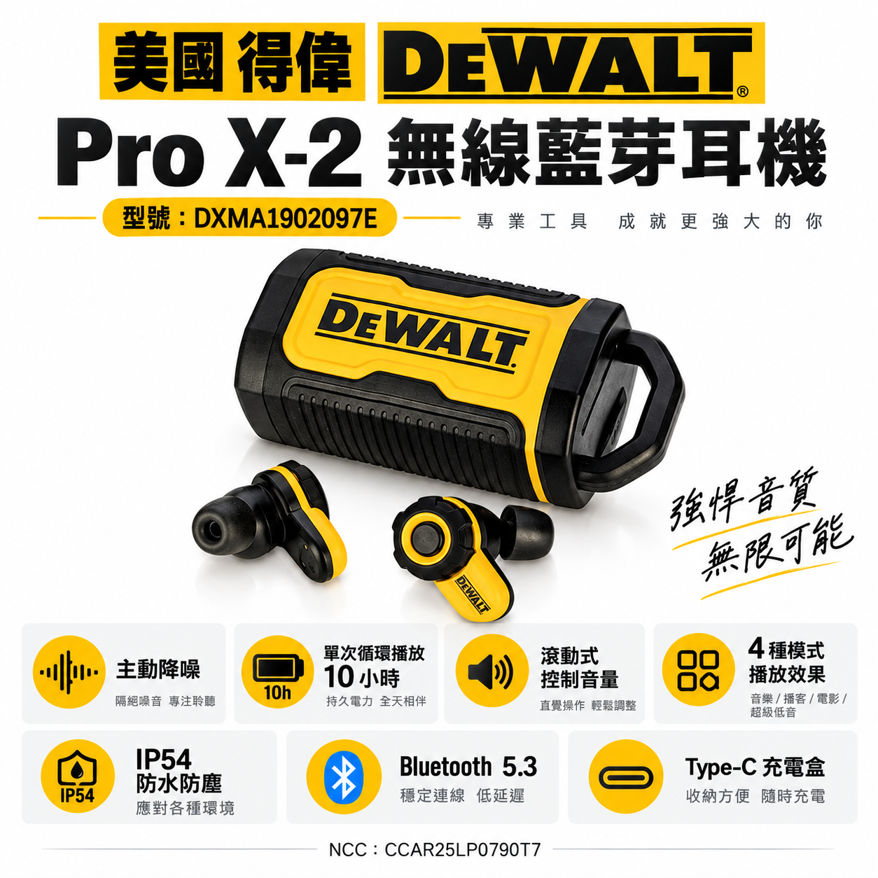 美國 DEWALT 得偉｜Pro X-2 無線藍牙耳機 工地專用｜藍牙5.3｜主動降噪｜IP54｜Type-C｜公司貨 DXMA1902097E