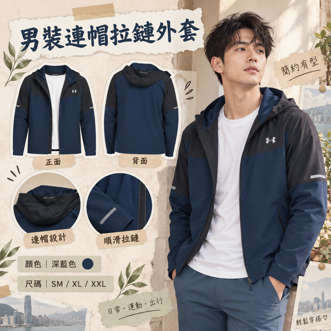 【預購】UNDER ARMOUR N090503 男裝拉鏈連帽外套 (深藍色)