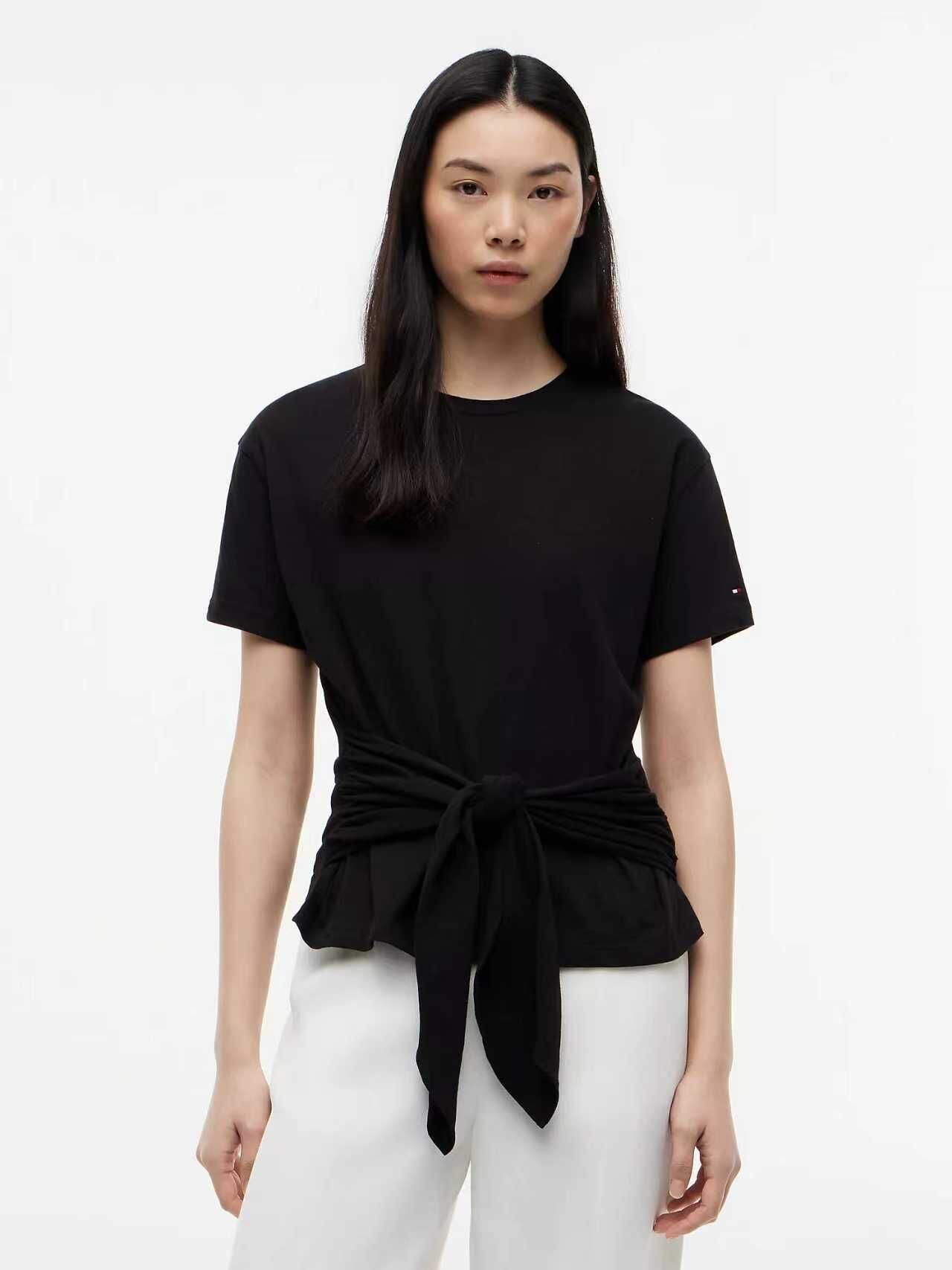 【預購】TOMMY HILFIGER N090523 Tie-Front 女裝繫帶短袖上衣 (黑色)