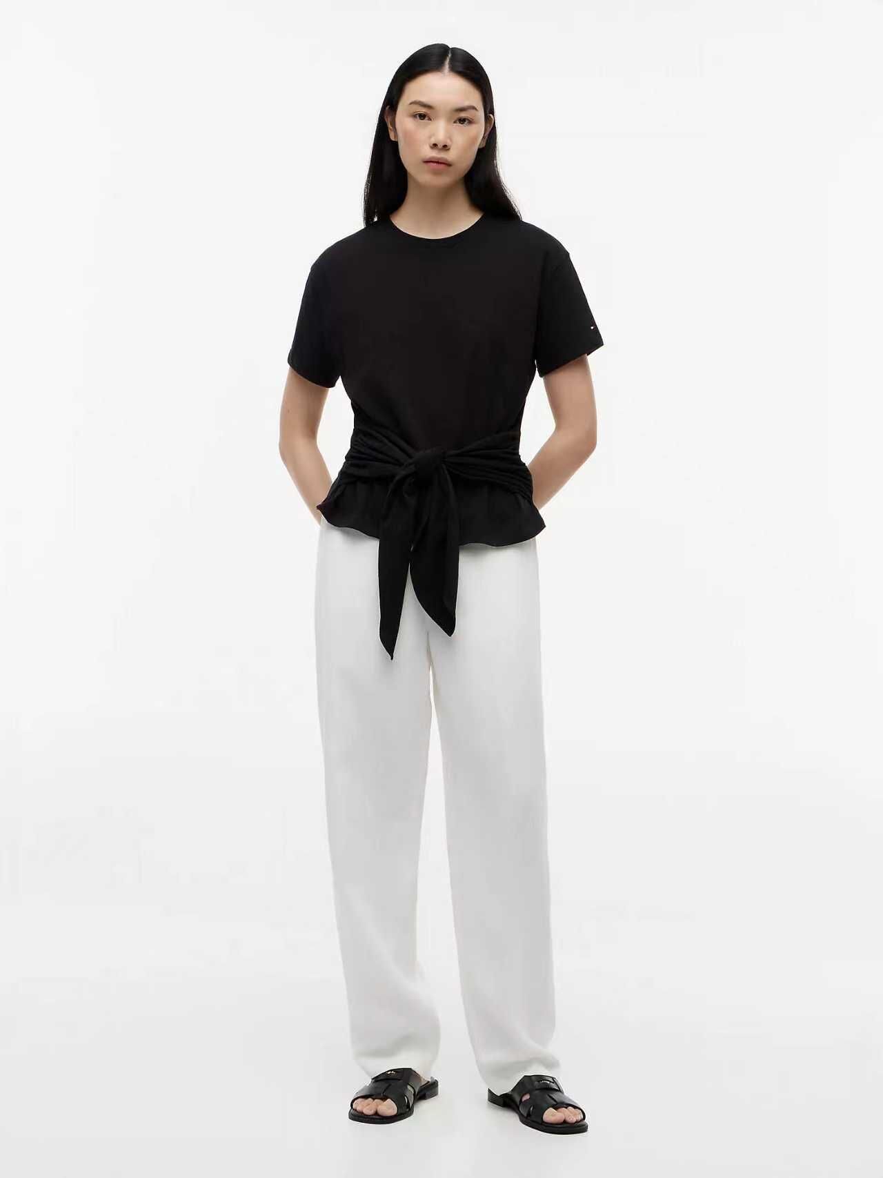 【預購】TOMMY HILFIGER N090523 Tie-Front 女裝繫帶短袖上衣 (黑色)