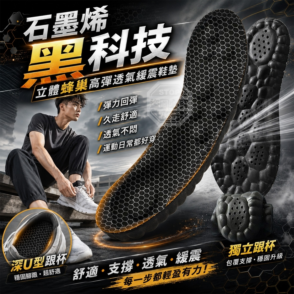 石墨烯黑科技立體蜂巢高彈透氣緩震鞋墊2雙 1套2組