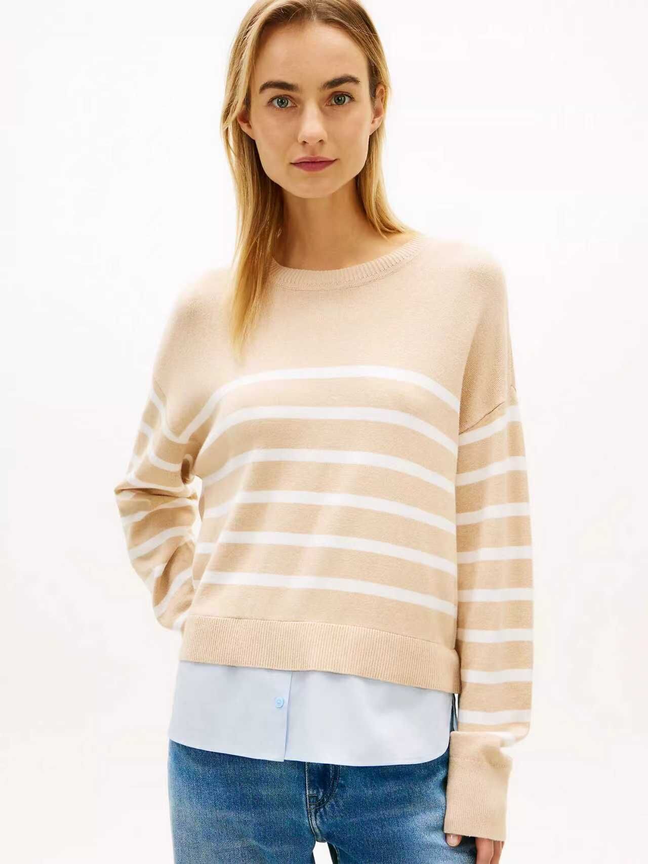 【預購】TOMMY HILFIGER N090532 Layered-Look 女裝間紋長袖上衣 (米色)