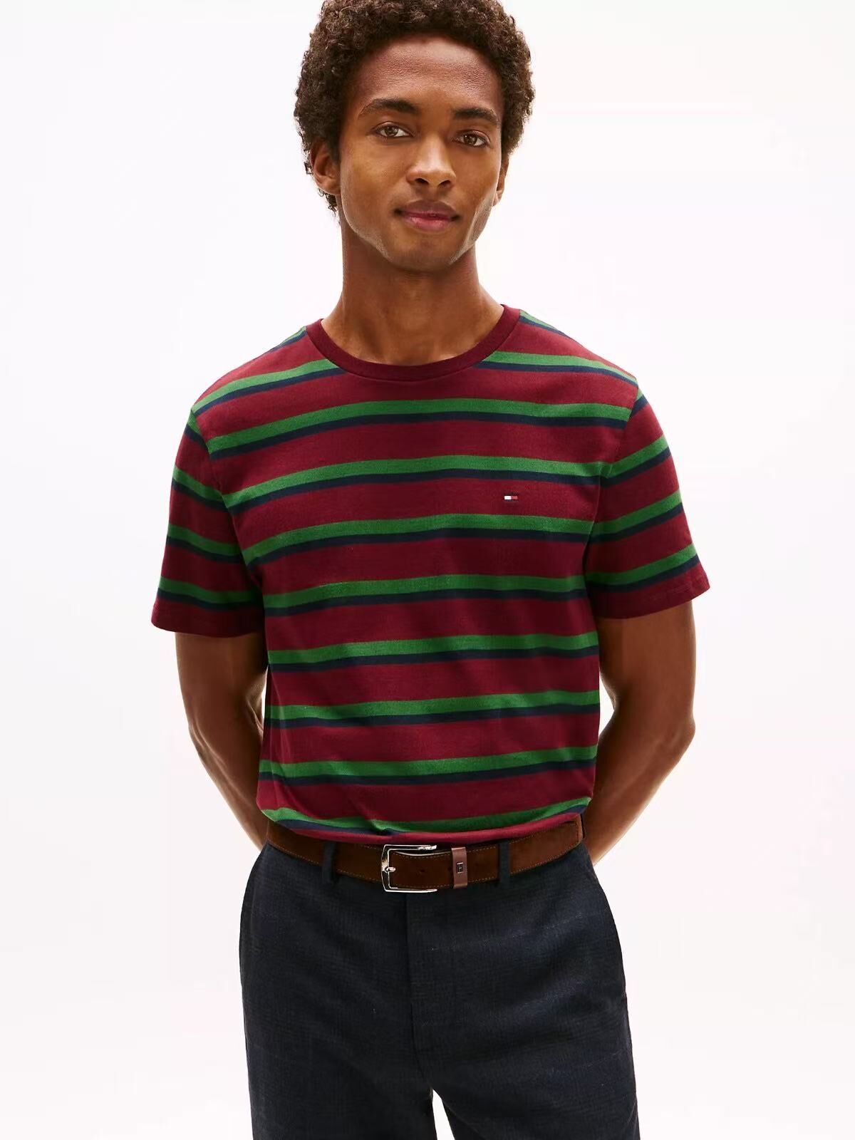 【預購】TOMMY HILFIGER N090540 Stripe Everyday 男裝間條短袖上衣 (紅綠間條)