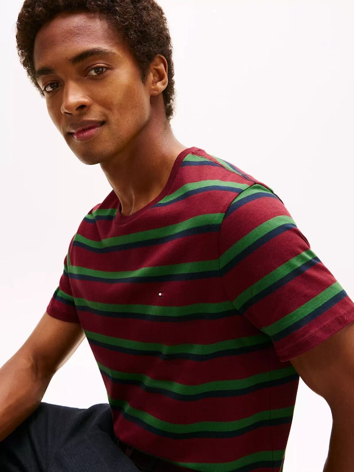 【預購】TOMMY HILFIGER N090540 Stripe Everyday 男裝間條短袖上衣 (紅綠間條)