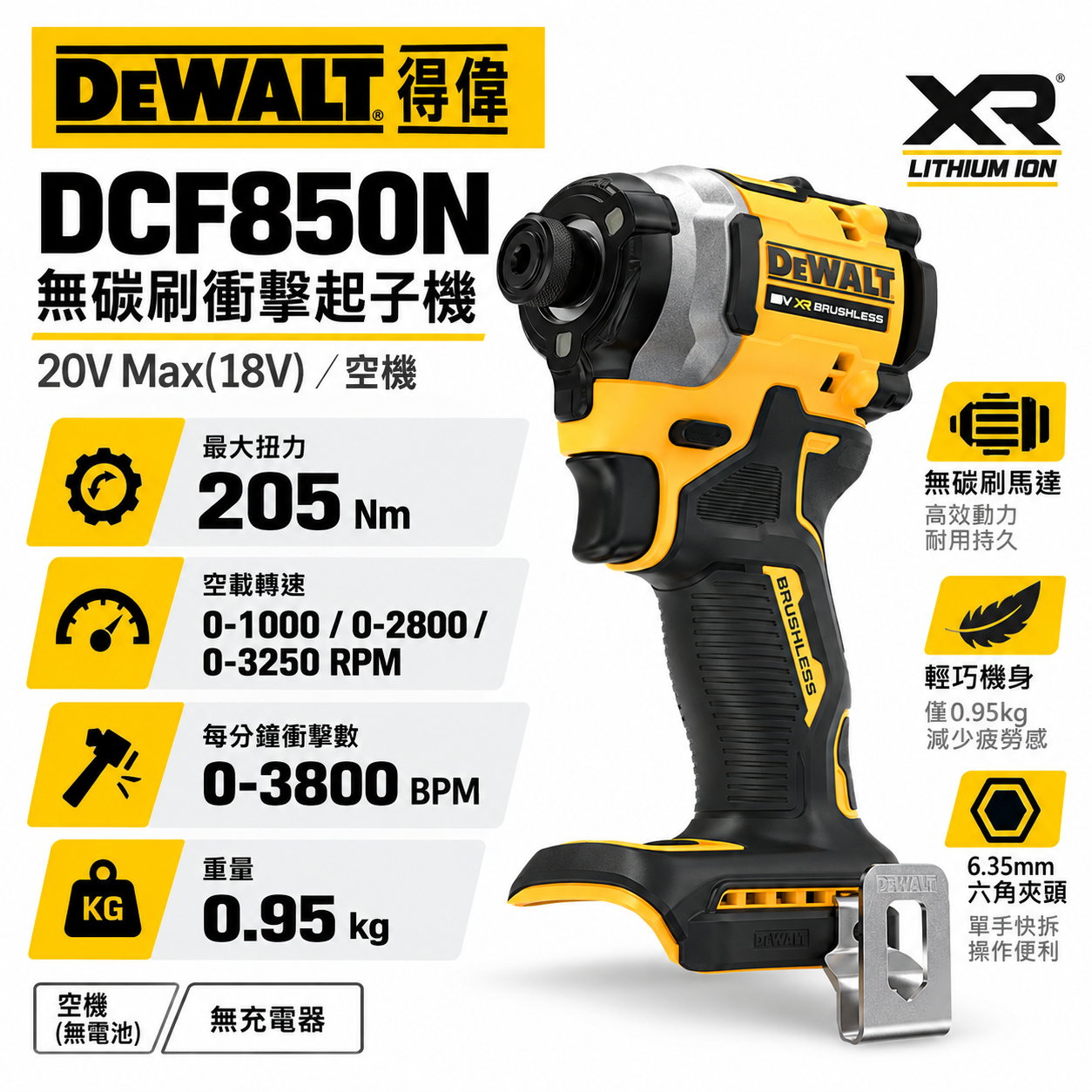 DEWALT 美國 得偉｜20V 無碳刷三段調速衝擊起子機 無刷充電起子機｜空機｜DCF850B DCF850N DCF850｜公司貨