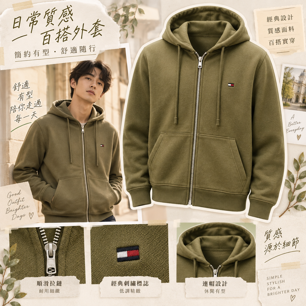 【預購】TOMMY HILFIGER N0905207 Essential 男裝拉鏈外套 (軍綠色)