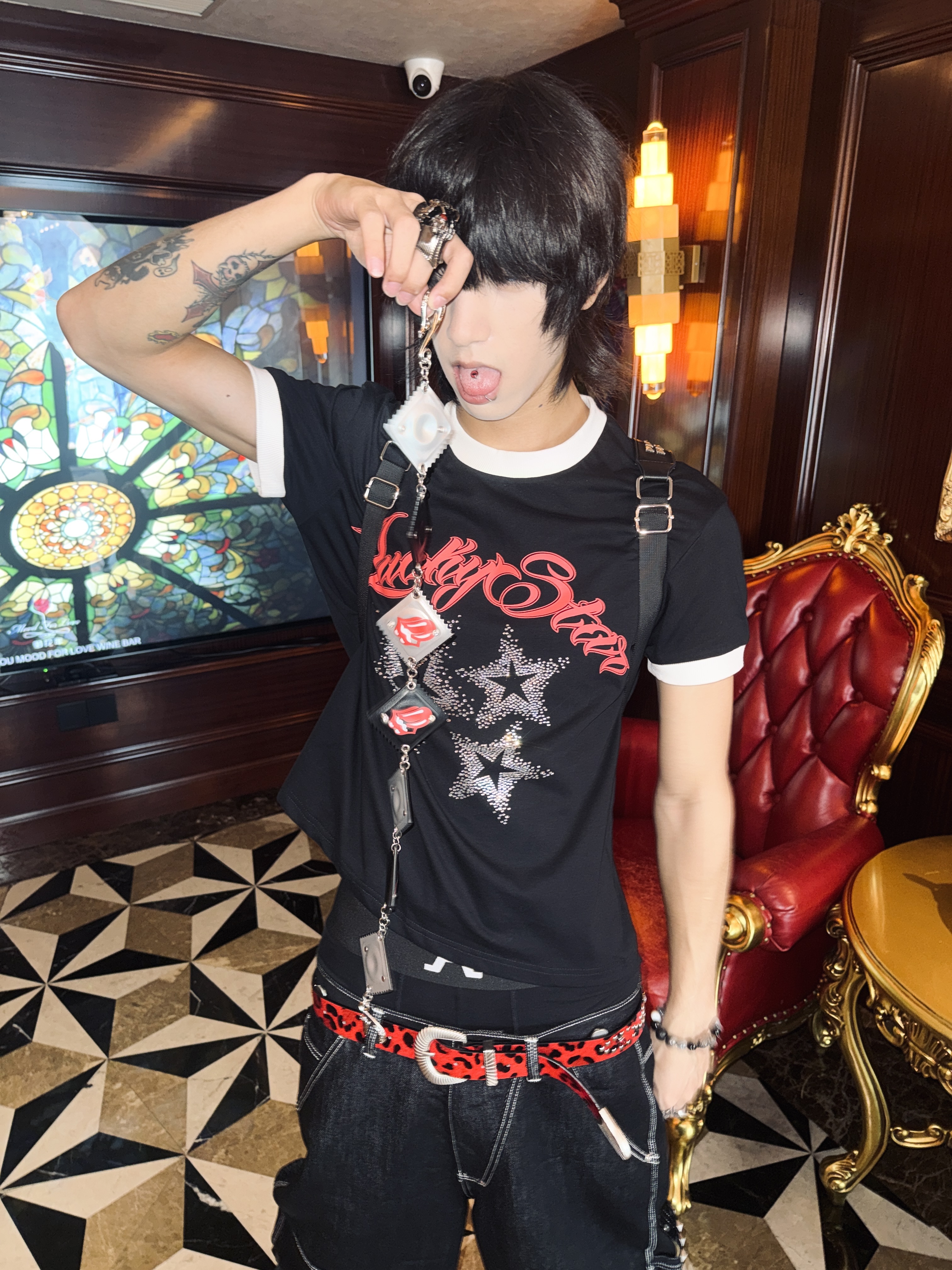 Fashion Killia LUCKY STAR SPARKLE RINGER TEE 閃鑽 滾邊 短T