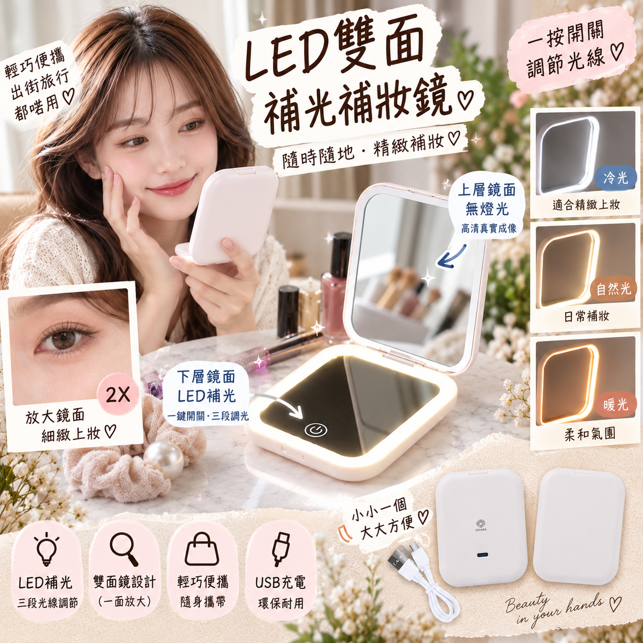 【預購】JM090505 LED 雙面補光補妝鏡