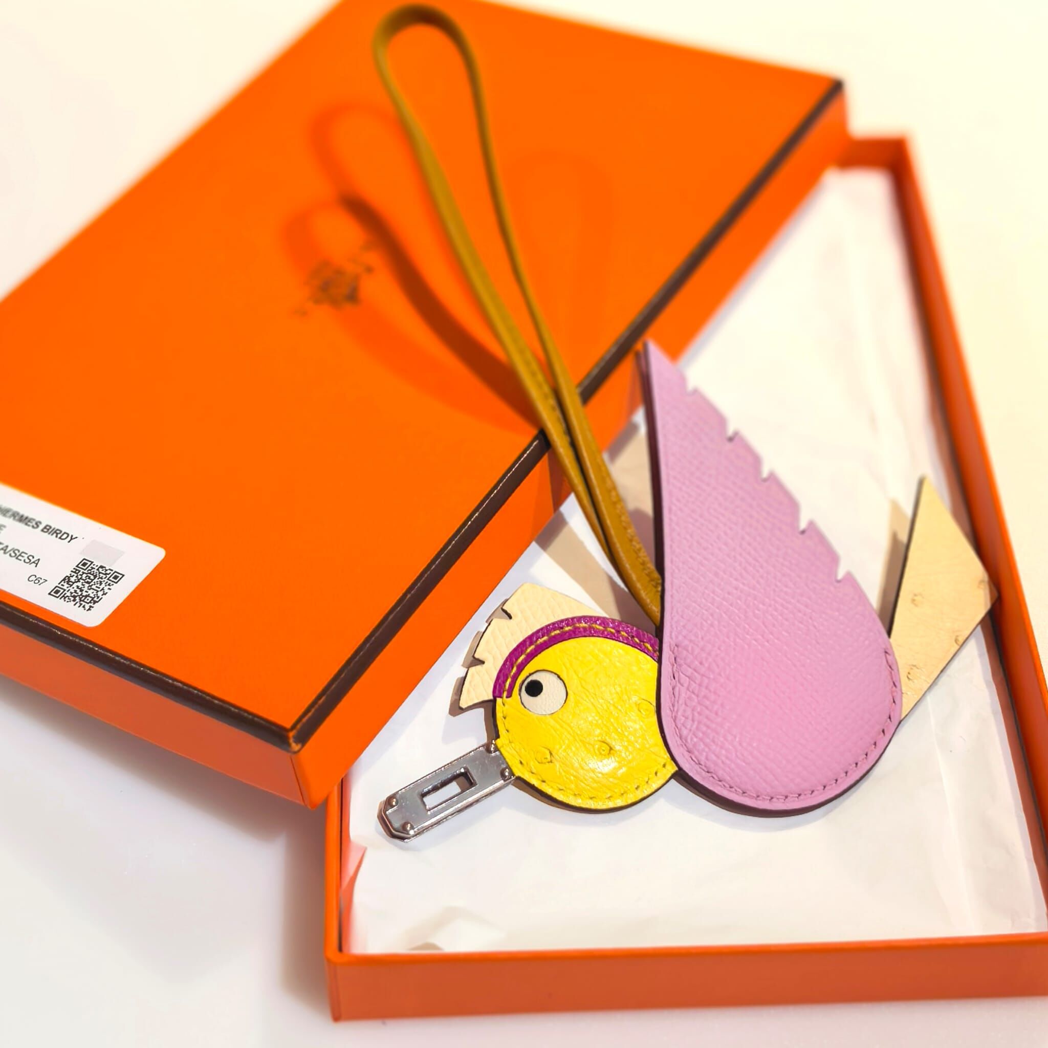 全新HERMES Birdy 小鳥掛件 粉色Epsom拼黃色/米色鴕鳥皮 愛馬仕手袋吊飾, #BRAND NEW #香榭站正品