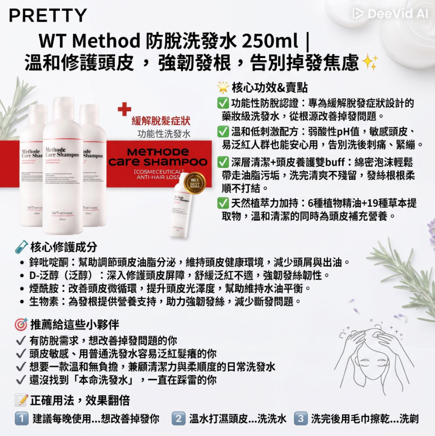 US01 WT Method 防脫髮洗頭水 250ml $218/1支 $654/買3送1支