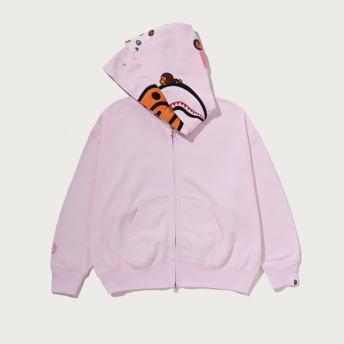 -(B2b05)-A BATHING APE BAPE BABY MILO SHARK OVERSIZED FULL ZIP DOUBLE HOODIE 可愛圖案 雙帽 鯊魚外套 黃色/粉色-2M80215302