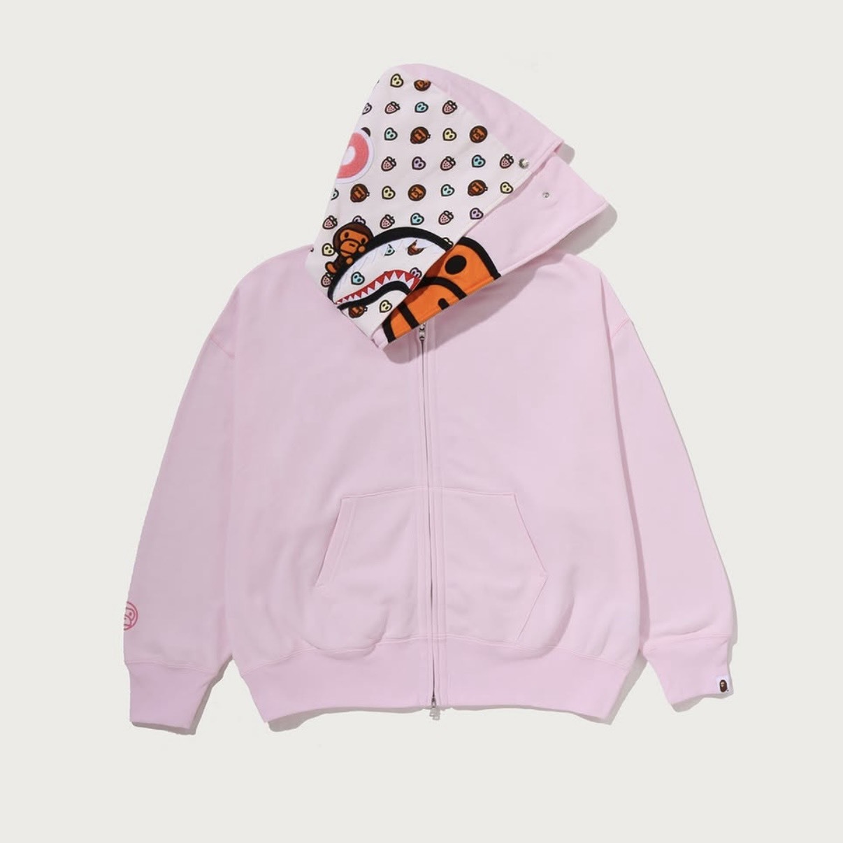 -(B2b05)-A BATHING APE BAPE BABY MILO SHARK OVERSIZED FULL ZIP DOUBLE HOODIE 可愛圖案 雙帽 鯊魚外套 黃色/粉色-2M80215302