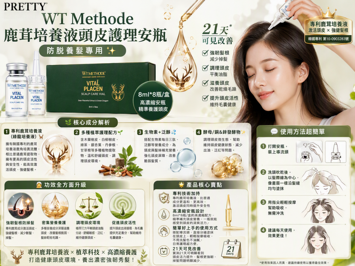 US06 WT Methode 鹿茸培養液頭皮護理安瓶 8ML*8瓶/盒 $968/1盒 $2904/買3盒送1支完美修護護髮精華