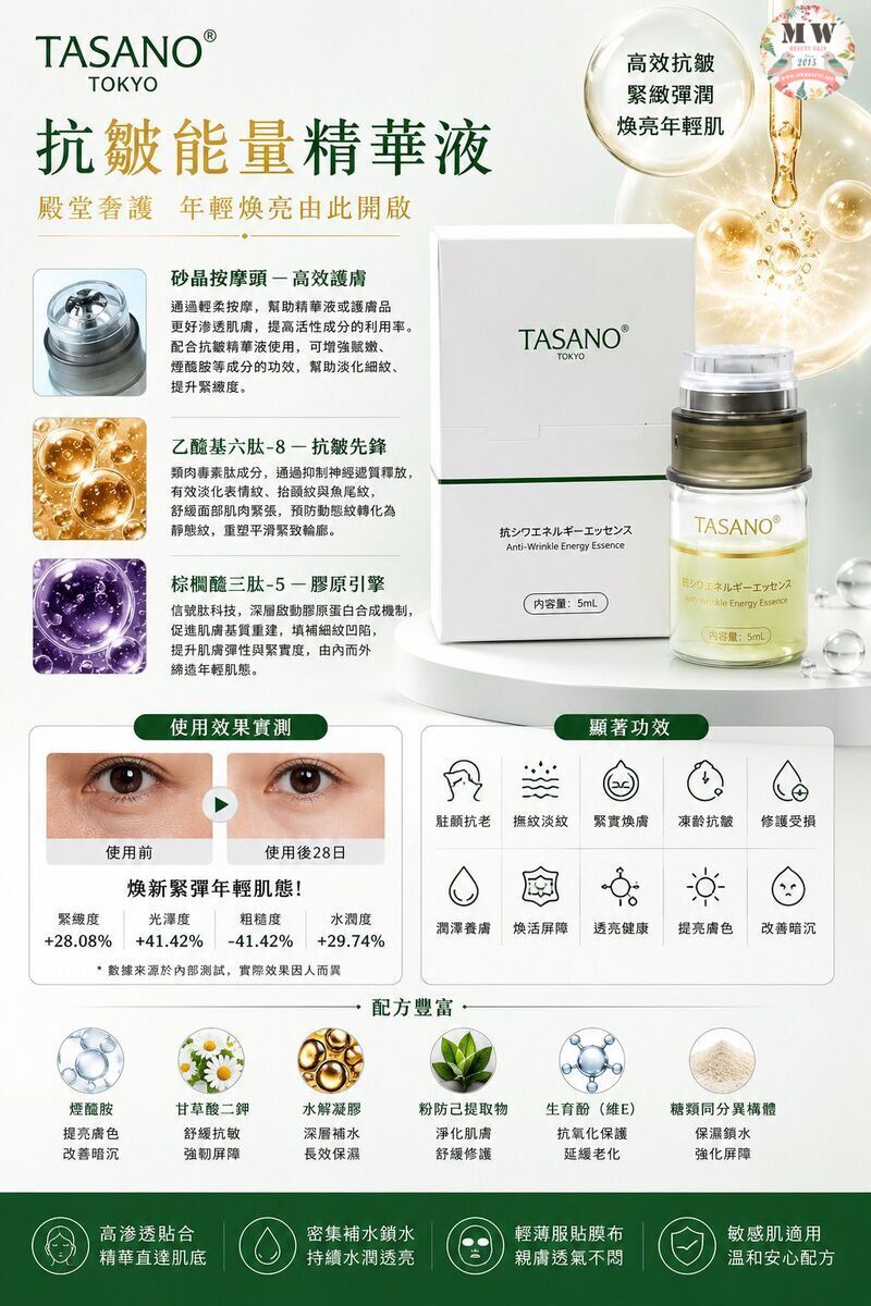 TASANO 抗皺能量精華液 5ml (3支療程裝)｜日本製造/類肉毒肽抗皺/自帶矽晶導入頭 (改善法令紋魚尾紋)