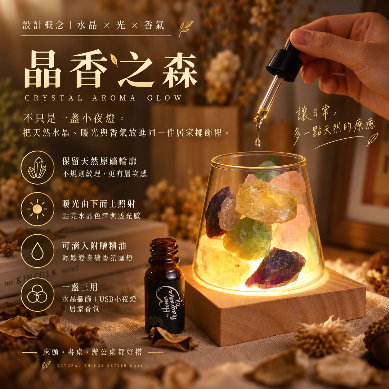 天然水晶香氛燈 水晶小夜燈 多彩水晶原礦USB氛圍燈
