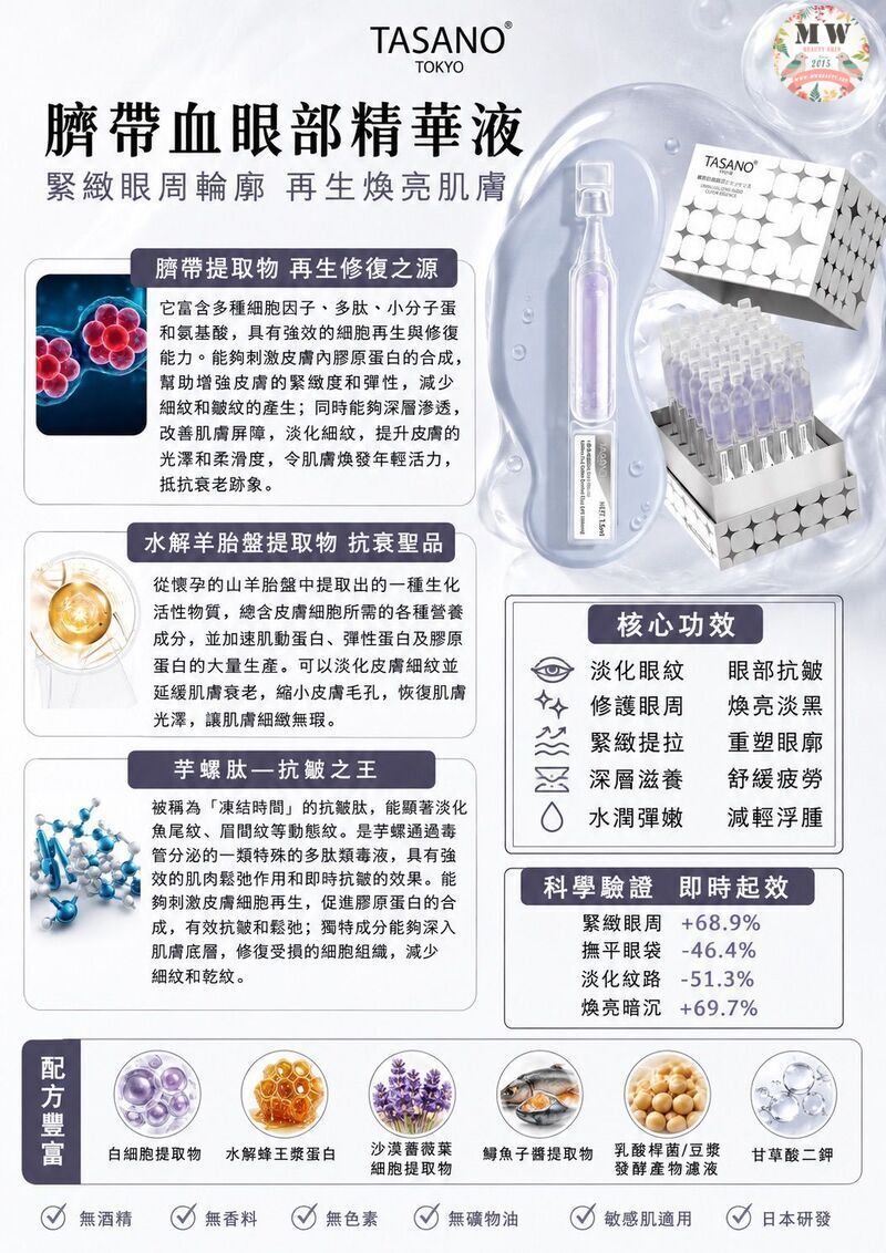 【日本 TASANO】臍帶血細胞眼部精華 (1.5ml x 30支)｜次拋獨立包裝/淡化魚尾紋/減退黑眼圈