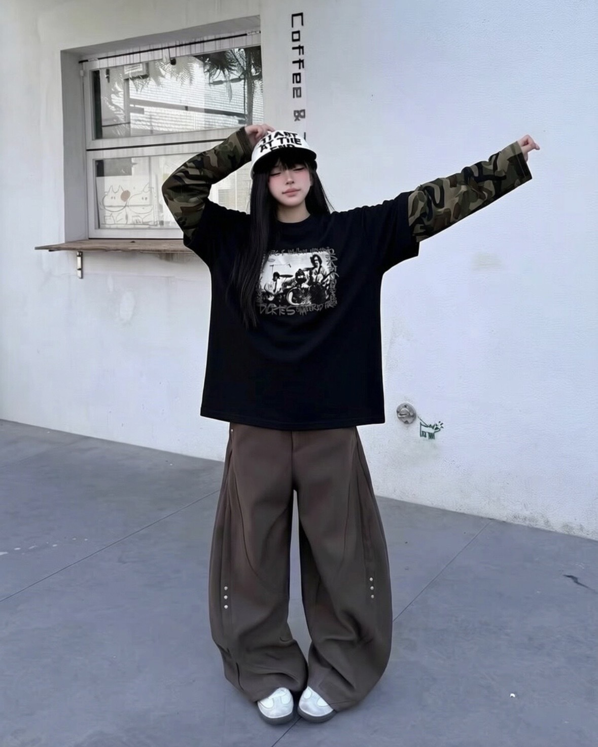 Dickies 假兩件美式復古 重磅 迷彩拼接 落肩 圓領長袖T
