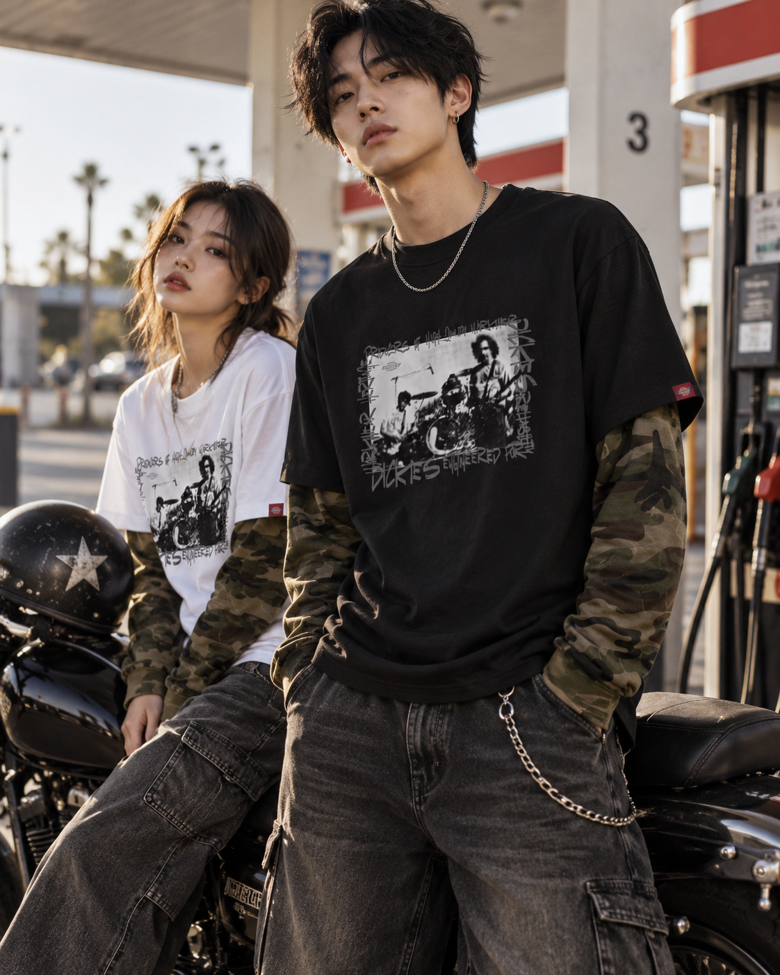 Dickies 假兩件美式復古 重磅 迷彩拼接 落肩 圓領長袖T