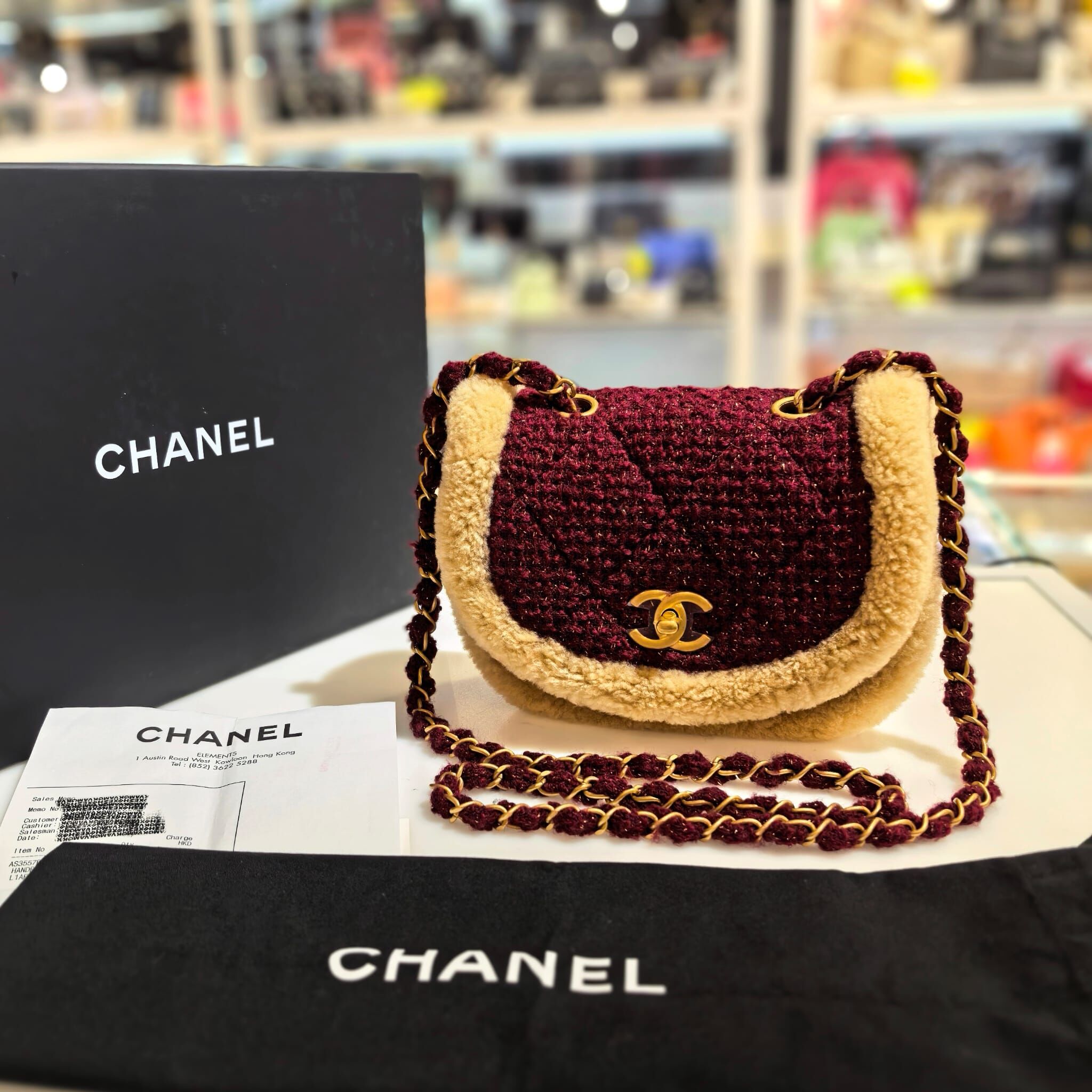 全新CHANEL斜背袋, AS3557, 酒紅色TWEED/羊毛邊/金扣, Mini Messenger, Flap Bag, @晶片 #BRAND NEW #香榭站正品