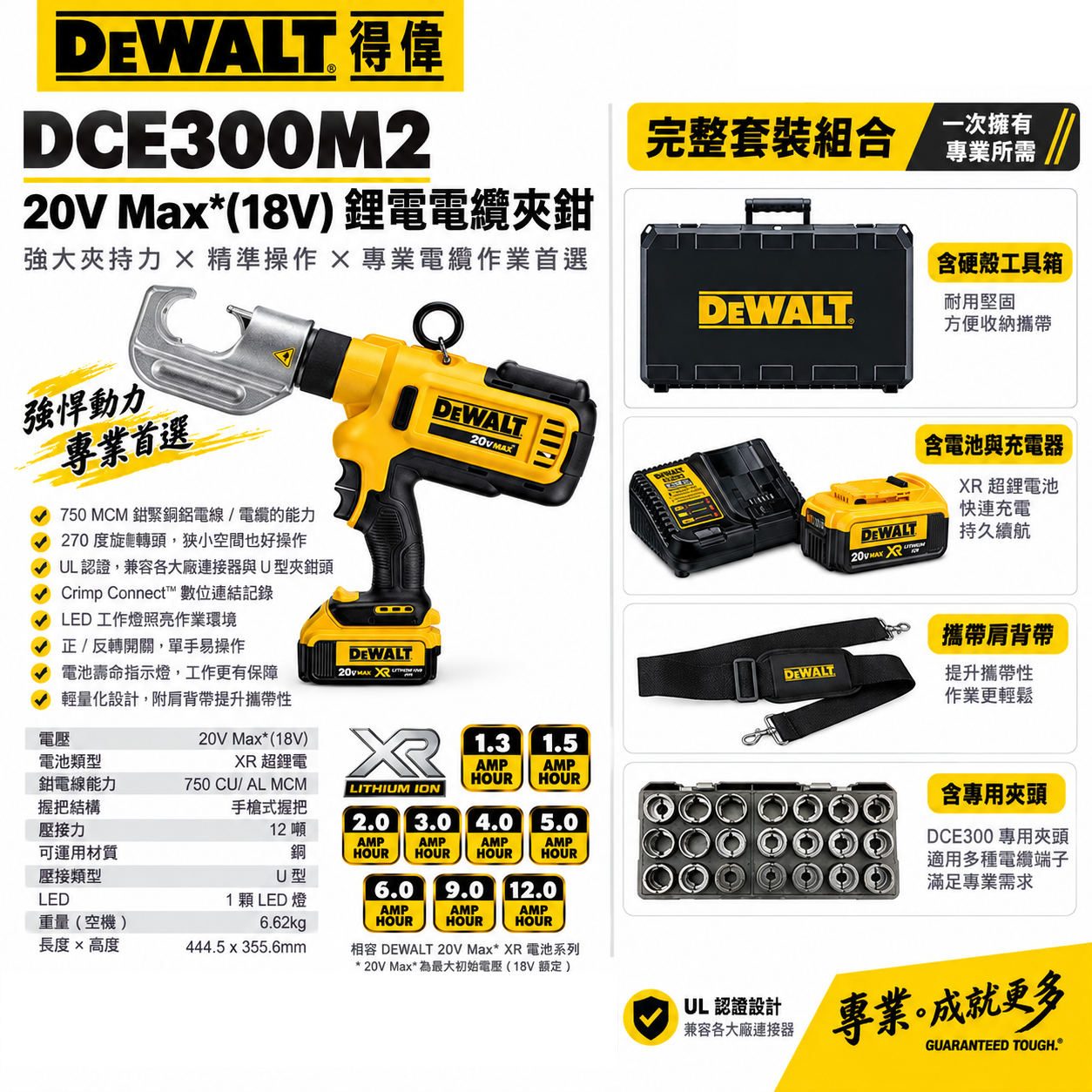 DEWALT 得偉 美國｜20V 超鋰電電纜夾鉗｜雙電4.0Ah｜DW-DCE300M2｜充電式｜公司貨