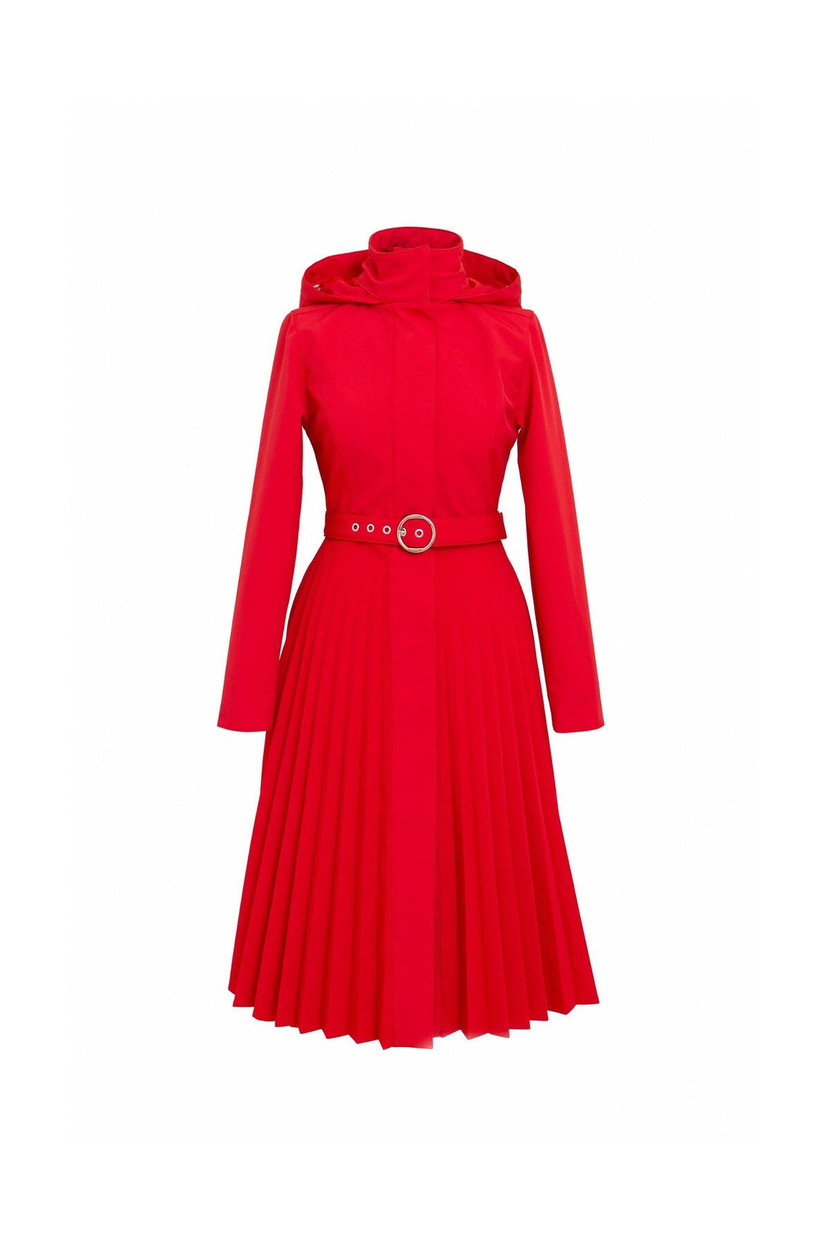 1RS0905-034 [RAINSISTERS] Mid-season Detachable Hood Single Breasted With Plissé Semi-Circled Skirt Scarlet Red #S-SCWA (EU)