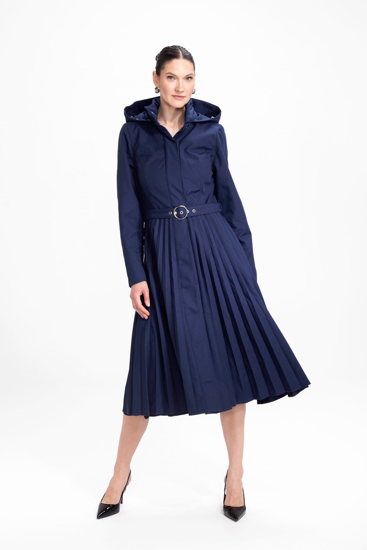 1RS0905-033 [RAINSISTERS] Mid-season Detachable Hood Single Breasted With Plissé Semi-Circled Skirt Dark Blue #S-BLSE (EU)