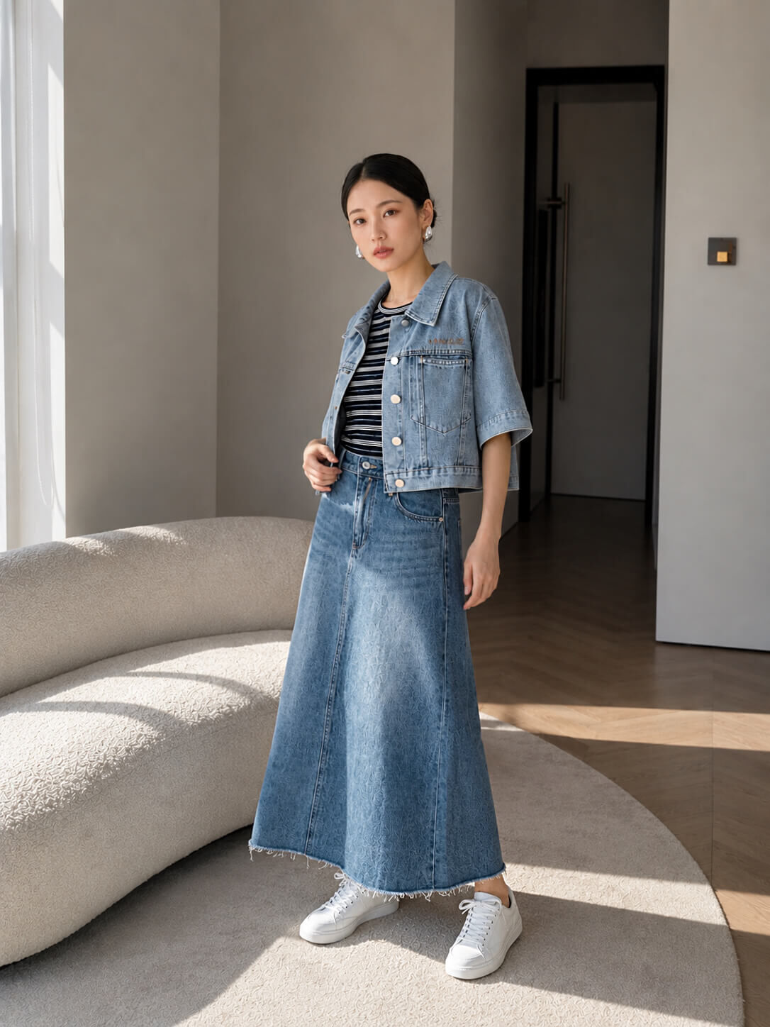 Washed Denim Flared Midi Skirt_SK269L08