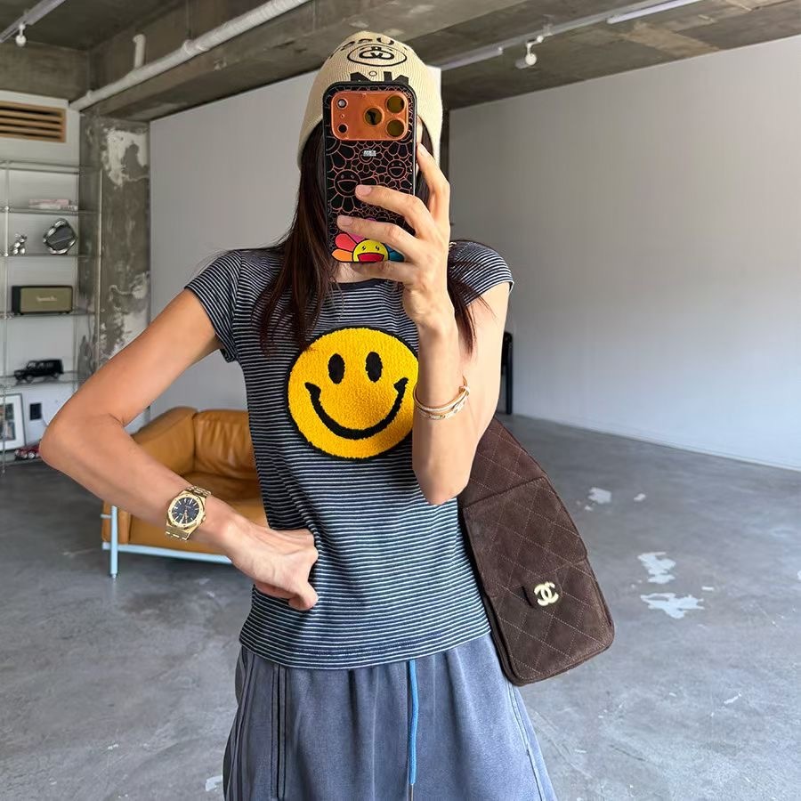 黃笑臉條紋T