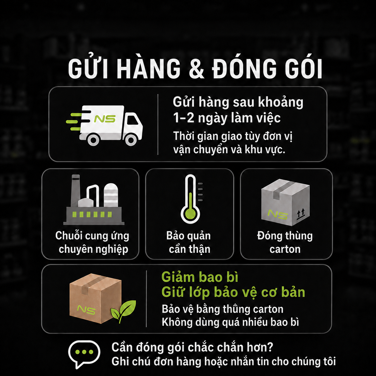 NS MUSCLE Thông tin giao hàng và đóng gói