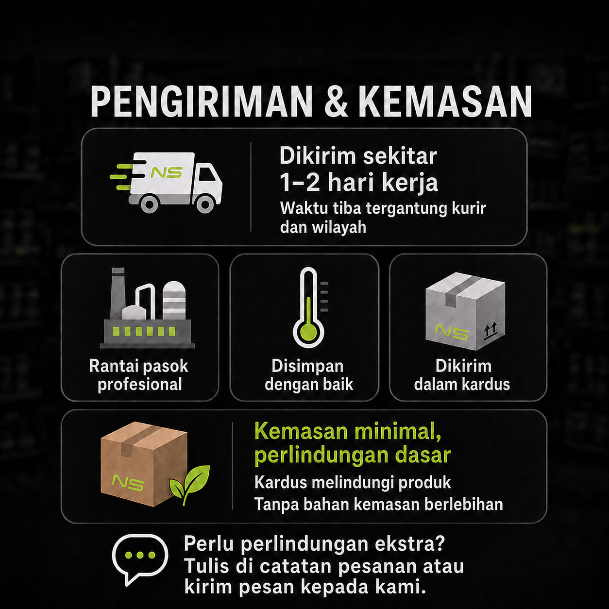 NS MUSCLE Informasi Pengiriman dan Pengemasan