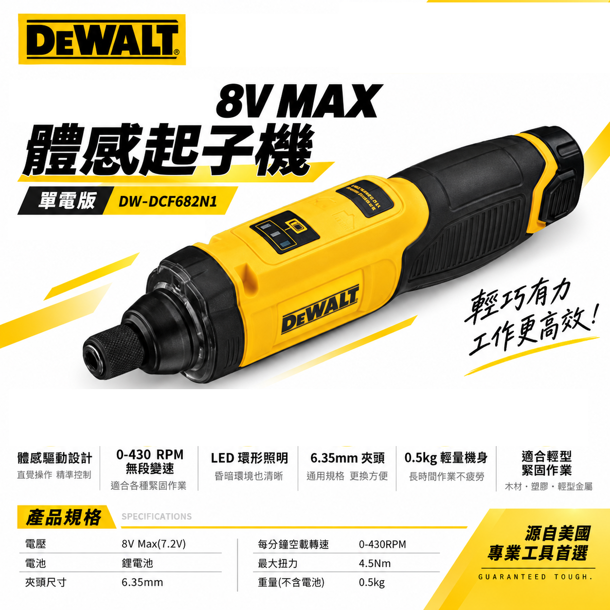 得偉 DEWALT 美國｜8V 充電式 體感起子機 啟動變速和反向控制｜單鋰電池｜DCF682N1｜公司貨