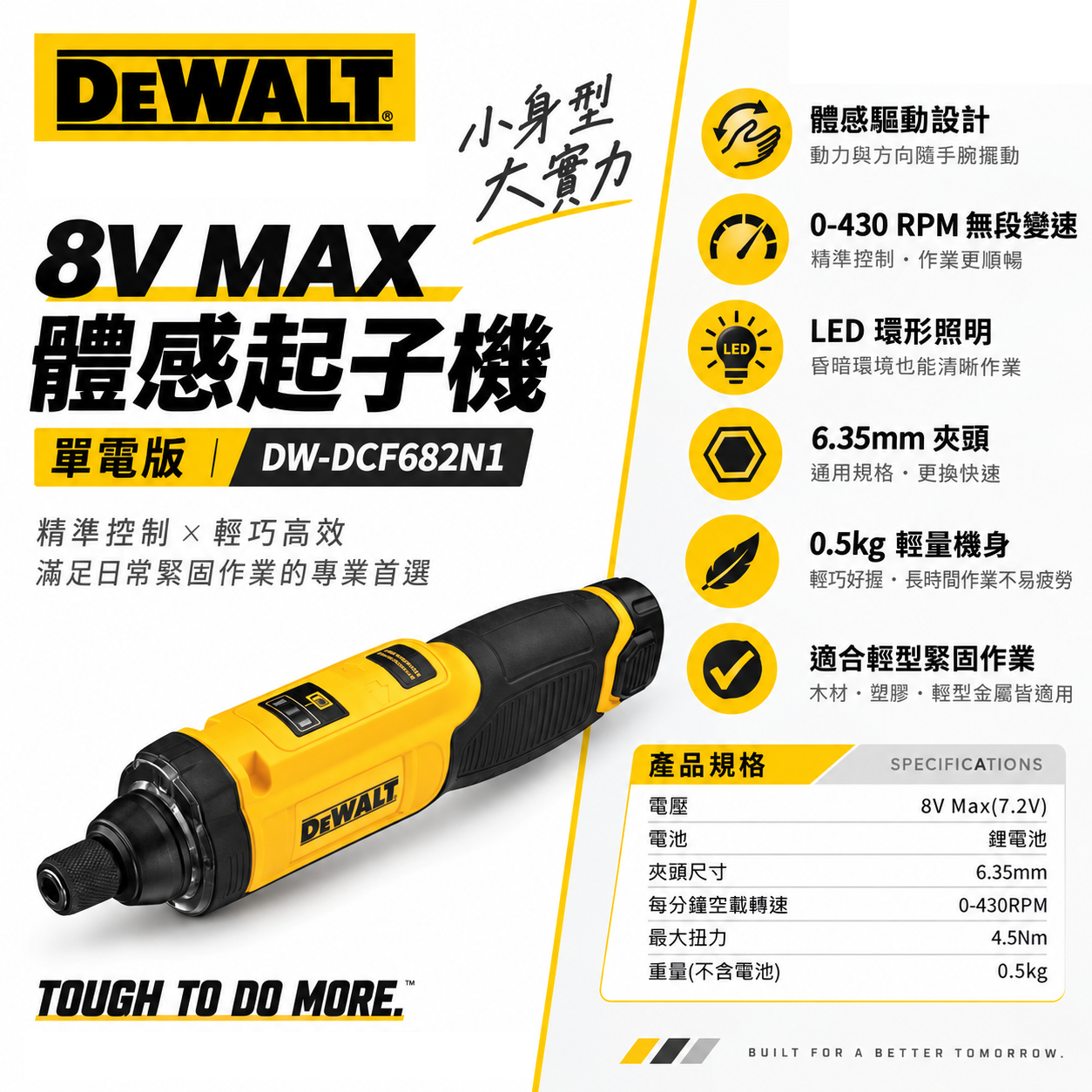 得偉 DEWALT 美國｜8V 充電式 體感起子機 啟動變速和反向控制｜單鋰電池｜DCF682N1｜公司貨