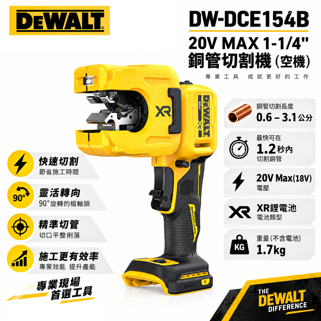 DEWALT 得偉 美國｜20V 銅管切割機 1-1/4" 銅管切管機 電動切管器｜空機｜DCE154B｜公司貨
