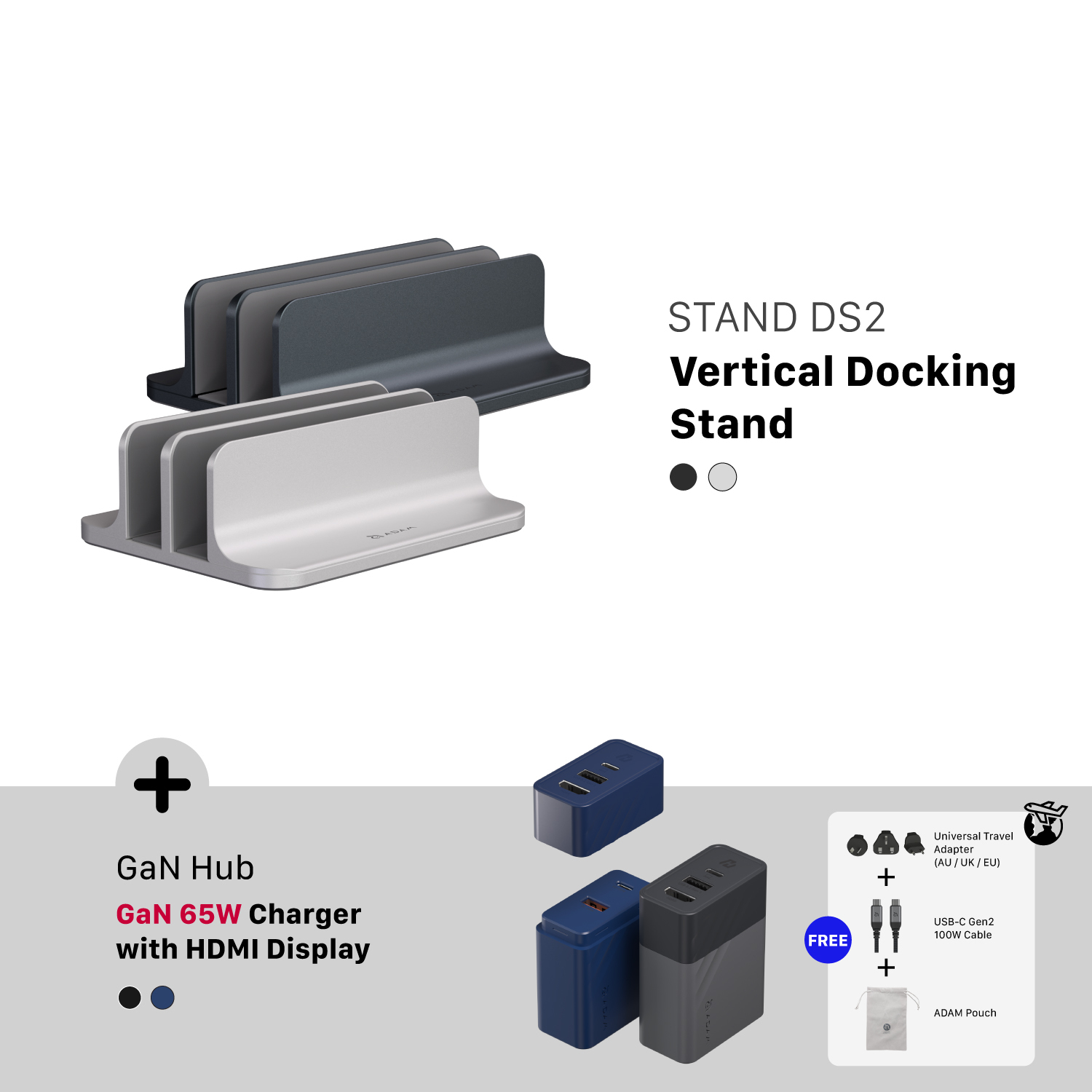 STAND DS2 Vertical Docking Stand + GaN Hub 65W GaN Charger with HDMI Display